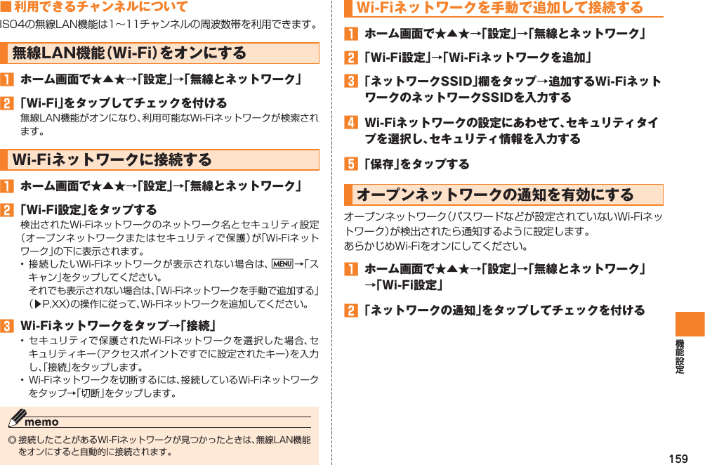 159■ 利用できるチャンネルについてIS04の無線LAN機能は1∼11チャンネルの周波数帯を利用できます。無線LAN機能（Wi-Fi）をオンにする󱈠  ホーム画面で★▲★→「設定」→「無線とネットワーク」󱈢 「Wi-Fi」をタップしてチェックを付ける無線LAN機能がオンになり、利用可能なWi-Fiネットワークが検索されます。Wi-Fiネットワークに接続する󱈠  ホーム画面で★▲★→「設定」→「無線とネットワーク」󱈢 「Wi-Fi設定」をタップする検出されたWi-Fiネットワークのネットワーク名とセキュリティ設定（オープンネットワークまたはセキュリティで保護）が「Wi-Fiネットワーク」の下に表示されます。• 接続したいWi-Fiネットワークが表示されない場合は、M→「スキャン」をタップしてください。  それでも表示されない場合は、「Wi-Fiネットワークを手動で追加する」（▶P.XX）の操作に従って、Wi-Fiネットワークを追加してください。󱈤  Wi-Fiネットワークをタップ→「接続」• セキュリティで保護されたWi-Fiネットワークを選択した場合、セキュリティキー（アクセスポイントですでに設定されたキー）を入力し、「接続」をタップします。•  Wi-Fiネットワークを切断するには、接続しているWi-Fiネットワークをタップ→「切断」をタップします。◎ 接続したことがあるWi-Fiネットワークが見つかったときは、無線LAN機能をオンにすると自動的に接続されます。Wi-Fiネットワークを手動で追加して接続する󱈠  ホーム画面で★▲★→「設定」→「無線とネットワーク」󱈢 「Wi-Fi設定」→「Wi-Fiネットワークを追加」󱈤 「ネットワークSSID」欄をタップ→追加するWi-FiネットワークのネットワークSSIDを入力する󱈦  Wi-Fiネットワークの設定にあわせて、セキュリティタイプを選択し、セキュリティ情報を入力する󱈨 「保存」をタップするオープンネットワークの通知を有効にするオープンネットワーク（パスワードなどが設定されていないWi-Fiネットワーク）が検出されたら通知するように設定します。あらかじめWi-Fiをオンにしてください。󱈠  ホーム画面で★▲★→「設定」→「無線とネットワーク」 →「Wi-Fi設定」󱈢 「ネットワークの通知」をタップしてチェックを付ける