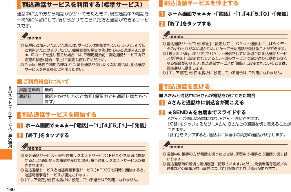 180au割込通話サービスを利用する（標準サービス）通話中に別の方から電話がかかってきたときに、現在通話中の電話を一時的に保留にして、後からかけてこられた方と通話ができるサービスです。◎ 新規にご加入いただいた際には、サービスは開始されていますので、すぐにご利用いただけます。ただし、機種変更の場合や修理からのご返却時またはau ICカードを差し替えた場合には、ご利用開始前に割込通話サービスをご希望の状態（開始／停止）に設定し直してください。◎ Packet通信ご利用の際などに、割込通話を受けたくない場合は、割込通話サービスを停止後にご利用ください。■ ご利用料金について月額使用料 無料通話料 電話をかけた方のご負担（保留中でも通話料はかかります）割込通話サービスを開始する󱈠  ホーム画面で★▲★→「電話」→「1」「4」「5」「1」→「発信」󱈢 「終了」をタップする◎ 割込通話サービスと番号通知リクエストサービス（▶P.XX）を同時に開始すると、非通知からの着信を受けた場合、番号通知リクエストサービスが優先されます。◎ 割込通話サービスと迷惑電話撃退サービス（▶P.XX）を同時に開始すると、迷惑電話撃退サービスが優先されます。◎ 「エリア設定」を「日本」以外に設定している場合はご利用になれません。割込通話サービスを停止する󱈠  ホーム画面で★▲★→「電話」→「1」「4」「5」「0」→「発信」󱈢 「終了」をタップする◎ 割込通話サービスを「停止」に設定しても、パケット通信中にしばらくデータのやりとりがない場合には、かかってきた電話を受けることができます。◎ 「最大3.1Mbpsエリア」でパケット通信をしている場合に割込通話サービスが「停止」に設定されていると、一部のサービスで設定通りに動作しなくなる場合があります。割込通話サービスが「開始」に設定されているときは、設定通りに動作します。◎ 「エリア設定」を「日本」以外に設定している場合は、ご利用になれません。割込通話を受ける■ Aさんと通話中にBさんが電話をかけてきた場合󱈠  Aさんと通話中に割込音が聞こえる󱈢  ★SEND★を右端までスライドするAさんとの通話は保留になり、Bさんと通話できます。「切替」をタップするたびにAさん・Bさんとの通話を切り替えることができます。「終了」をタップすると、通話中／保留中の両方の通話が終了します。◎ 通話中に相手の方が電話を切ったときは、保留中の相手との通話に切り替わります。◎ 割込通話時の着信も着信履歴に記録されます。ただし、発信者番号通知／非通知などの情報がない着信については記録されない場合があります。