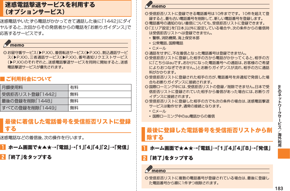 183au迷惑電話撃退サービスを利用する （オプションサービス）迷惑電話やいたずら電話がかかってきて通話した後に「1442」にダイヤルすると、次回からその発信者からの電話を「お断りガイダンス」で応答するサービスです。◎ お留守番サービス（▶P.XX）、着信転送サービス（▶P.XX）、割込通話サービス（▶P.XX）、三者通話サービス（▶P.XX）、番号通知リクエストサービス（▶P.XX）のそれぞれと、迷惑電話撃退サービスを同時に開始すると、迷惑電話撃退サービスが優先されます。■ ご利用料金について月額使用料 有料受信拒否リスト登録「1442」 無料最後の登録を削除「1448」 無料すべての登録を削除「1449」 無料最後に着信した電話番号を受信拒否リストに登録する迷惑電話などの着信後、次の操作を行います。󱈠  ホーム画面で★▲★→「電話」→「1」「4」「4」「2」→「発信」󱈢 「終了」をタップする◎ 受信拒否リストに登録できる電話番号は10件までです。10件を超えて登録すると、最も古い電話番号を削除して、新しい電話番号を登録します。◎ 電話番号の通知のない着信についても、受信拒否リストに登録できます。◎ 「エリア設定」を「日本」以外に設定している場合や、次の条件からの着信時は受信拒否リストへは登録できません。•  警察、消防機関、海上保安本部•  公衆電話、国際電話•  Cメール◎ 通話をせずに、不在着信となった電話番号は登録できません。◎ 受信拒否リストに登録した相手の方から電話がかかってくると、相手の方に「こちらはauです。おかけになった電話番号への通話は、お客様のご希望によりおつなぎできません。」とお断りガイダンスが流れ、相手の方に通話料がかかります。◎ 受信拒否リストに登録された相手の方が、電話番号を非通知で発信した場合もお断りガイダンスに接続されます。◎ 国際ローミング中には、受信拒否リストの登録／削除できません。日本で受信拒否リストに登録されていた相手から着信があった場合には、お断りガイダンスに接続されます。◎ 受信拒否リストに登録した相手の方でも次の条件の場合は、迷惑電話撃退サービスは動作せず、通常の接続となります。•  Cメール•  国際ローミング中のau電話からの着信最後に登録した電話番号を受信拒否リストから削除する󱈠  ホーム画面で★▲★→「電話」→「1」「4」「4」「8」→「発信」󱈢 「終了」をタップする◎ 受信拒否リストに複数の電話番号が登録されている場合は、最後に登録した電話番号から順に1件ずつ削除されます。