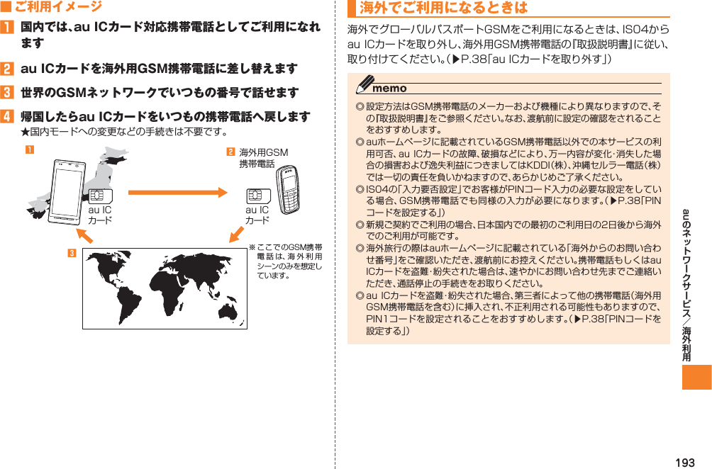 193au■ ご利用イメージ󱈠  国内では、au ICカード対応携帯電話としてご利用になれます󱈢  au ICカードを海外用GSM携帯電話に差し替えます󱈤  世界のGSMネットワークでいつもの番号で話せます󱈦  帰国したらau ICカードをいつもの携帯電話へ戻します★国内モードへの変更などの手続きは不要です。※ こ こ で のGSM携 帯電話は、海外利用シーンのみを想定しています。au ICカードau ICカード󱈤海外用GSM携帯電話󱈠󱈢海外でご利用になるときは海外でグローバルパスポートGSMをご利用になるときは、IS04からau ICカードを取り外し、海外用GSM携帯電話の『取扱説明書』に従い、取り付けてください。（▶P.38「au ICカードを取り外す」）◎ 設定方法はGSM携帯電話のメーカーおよび機種により異なりますので、その『取扱説明書』をご参照ください。なお、渡航前に設定の確認をされることをおすすめします。◎ auホームページに記載されているGSM携帯電話以外での本サービスの利用可否、au ICカードの故障、破損などにより、万一内容が変化・消失した場合の損害および逸失利益につきましてはKDDI（株）、沖縄セルラー電話（株）では一切の責任を負いかねますので、あらかじめご了承ください。◎ IS04の「入力要否設定」でお客様がPINコード入力の必要な設定をしている場合、GSM携帯電話でも同様の入力が必要になります。（▶P.38「PINコードを設定する」）◎ 新規ご契約でご利用の場合、日本国内での最初のご利用日の2日後から海外でのご利用が可能です。◎ 海外旅行の際はauホームページに記載されている「海外からのお問い合わせ番号」をご確認いただき、渡航前にお控えください。携帯電話もしくはau ICカードを盗難・紛失された場合は、速やかにお問い合わせ先までご連絡いただき、通話停止の手続きをお取りください。◎ au  ICカードを盗難・紛失された場合、第三者によって他の携帯電話（海外用GSM携帯電話を含む）に挿入され、不正利用される可能性もありますので、PIN1コードを設定されることをおすすめします。（▶P.38「PINコードを設定する」）