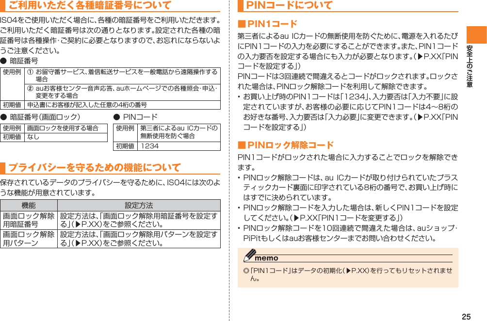 25ご利用いただく各種暗証番号についてIS04をご使用いただく場合に、各種の暗証番号をご利用いただきます。ご利用いただく暗証番号は次の通りとなります。設定された各種の暗証番号は各種操作・ご契約に必要となりますので、お忘れにならないようご注意ください。● 暗証番号使用例 ① お留守番サービス、着信転送サービスを一般電話から遠隔操作する場合② auお客様センター音声応答、auホームページでの各種照会・申込・変更をする場合初期値 申込書にお客様が記入した任意の4桁の番号● 暗証番号（画面ロック） ● PINコード使用例 画面ロックを使用する場合 使用例 第三者によるau ICカードの無断使用を防ぐ場合初期値 なし初期値 1234プライバシーを守るための機能について保存されているデータのプライバシーを守るために、IS04には次のような機能が用意されています。機能 設定方法画面ロック解除用暗証番号設定方法は、「画面ロック解除用暗証番号を設定する」（▶P.XX）をご参照ください。画面ロック解除用パターン設定方法は、「画面ロック解除用パターンを設定する」（▶P.XX）をご参照ください。PINコードについて■ PIN1コード第三者によるau ICカードの無断使用を防ぐために、電源を入れるたびにPIN1コードの入力を必要にすることができます。また、PIN1コードの入力要否を設定する場合にも入力が必要となります。（▶P.XX「PINコードを設定する」）PINコードは3回連続で間違えるとコードがロックされます。ロックされた場合は、PINロック解除コードを利用して解除できます。• お買い上げ時のPIN1コードは「1234」、入力要否は「入力不要」に設定されていますが、お客様の必要に応じてPIN1コードは4∼8桁のお好きな番号、入力要否は「入力必要」に変更できます。（▶P.XX「PINコードを設定する」）■ PINロック解除コードPIN1コードがロックされた場合に入力することでロックを解除できます。• PINロック解除コードは、au ICカードが取り付けられていたプラスティックカード裏面に印字されている8桁の番号で、お買い上げ時にはすでに決められています。• PINロック解除コードを入力した場合は、新しくPIN1コードを設定してください。（▶P.XX「PIN1コードを変更する」）• PINロック解除コードを10回連続で間違えた場合は、auショップ・PiPitもしくはauお客様センターまでお問い合わせください。◎ 「PIN1コード」はデータの初期化（▶P.XX）を行ってもリセットされません。