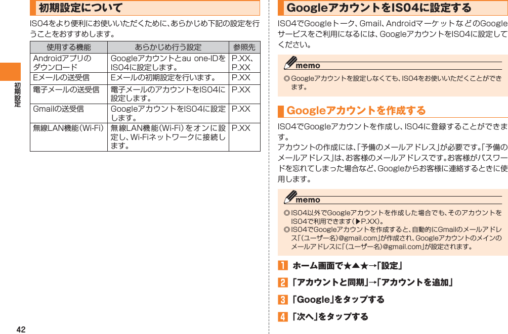 42初期設定についてIS04をより便利にお使いいただくために、あらかじめ下記の設定を行うことをおすすめします。使用する機能 あらかじめ行う設定 参照先Androidアプリの ダウンロードGoogleアカウントとau one-IDをIS04に設定します。P.XX、P.XXEメールの送受信 Eメールの初期設定を行います。 P.XX電子メールの送受信 電子メールのアカウントをIS04に設定します。P.XXGmailの送受信 GoogleアカウントをIS04に設定します。P.XX無線LAN機能（Wi-Fi） 無線LAN機 能（Wi-Fi）をオンに設定し、Wi-Fiネットワークに接続します。P.XXGoogleアカウントをIS04に設定するIS04でGoogleト ーク、Gmail、Androidマ ーケ ット な ど のGoogleサービスをご利用になるには、GoogleアカウントをIS04に設定してください。◎ Googleアカウントを設定しなくても、IS04をお使いいただくことができます。Googleアカウントを作成するIS04でGoogleアカウントを作成し、IS04に登録することができます。アカウントの作成には、「予備のメールアドレス」が必要です。「予備のメールアドレス」は、お客様のメールアドレスです。お客様がパスワードを忘れてしまった場合など、Googleからお客様に連絡するときに使用します。◎ IS04以外でGoogleアカウントを作成した場合でも、そのアカウントをIS04で利用できます（▶P.XX）。◎ IS04でGoogleアカウントを作成すると、自動的にGmailのメールアドレス「（ユーザー名）@gmail.com」が作成され、Googleアカウントのメインのメールアドレスに「（ユーザー名）@gmail.com」が設定されます。󱈠  ホーム画面で★▲★→「設定」󱈢 「アカウントと同期」→「アカウントを追加」󱈤 「Google」をタップする󱈦 「次へ」をタップする