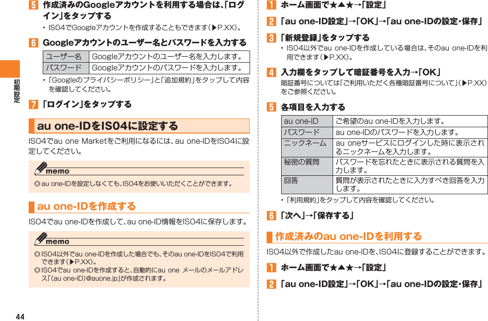 44󱈨  作成済みのGoogleアカウントを利用する場合は、「ログイン」をタップする•  IS04でGoogleアカウントを作成することもできます（▶P.XX）。󱈪  Googleアカウントのユーザー名とパスワードを入力するユーザー名 Googleアカウントのユーザー名を入力します。パスワード Googleアカウントのパスワードを入力します。• 「Googleのプライバシーポリシー」と「追加規約」をタップして内容を確認してください。󱈬 「ログイン」をタップするau one-IDをIS04に設定するIS04でau one Marketをご利用になるには、au one-IDをIS04に設定してください。◎ au one-IDを設定しなくても、IS04をお使いいただくことができます。au one-IDを作成するIS04でau one-IDを作成して、au one-ID情報をIS04に保存します。◎ IS04以外でau one-IDを作成した場合でも、そのau one-IDをIS04で利用できます（▶P.XX）。◎ IS04でau  one-IDを作成すると、自動的にau one メールのメールアドレス「（au one-ID）@auone.jp」が作成されます。󱈠  ホーム画面で★▲★→「設定」󱈢 「au one-ID設定」→「OK」→「au one-IDの設定・保存」󱈤 「新規登録」をタップする•  IS04以外でau one-IDを作成している場合は、そのau one-IDを利用できます（▶P.XX）。󱈦  入力欄をタップして暗証番号を入力→「OK」暗証番号については「ご利用いただく各種暗証番号について」（▶P.XX）をご参照ください。󱈨  各項目を入力するau one-ID ご希望のau one-IDを入力します。パスワード au one-IDのパスワードを入力します。ニックネーム au oneサービスにログインした時に表示されるニックネームを入力します。秘密の質問 パスワードを忘れたときに表示される質問を入力します。回答 質問が表示されたときに入力すべき回答を入力します。• 「利用規約」をタップして内容を確認してください。󱈪 「次へ」→「保存する」作成済みのau one-IDを利用するIS04以外で作成したau one-IDを、IS04に登録することができます。󱈠  ホーム画面で★▲★→「設定」󱈢 「au one-ID設定」→「OK」→「au one-IDの設定・保存」
