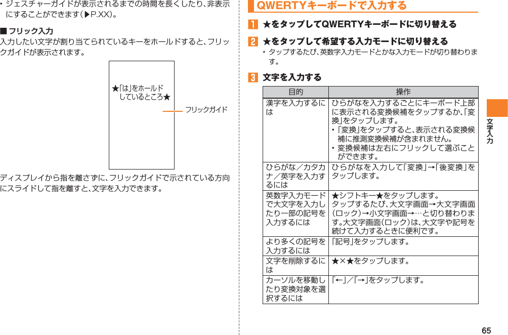 65• ジェスチャーガイドが表示されるまでの時間を長くしたり、非表示にすることができます（▶P.XX）。■ フリック入力入力したい文字が割り当てられているキーをホールドすると、フリックガイドが表示されます。ディスプレイから指を離さずに、フリックガイドで示されている方向にスライドして指を離すと、文字を入力できます。フリックガイド★「は」をホールド しているところ★QWERTYキーボードで入力する󱈠  ★をタップしてQWERTYキーボードに切り替える󱈢  ★をタップして希望する入力モードに切り替える•  タップするたび、英数字入力モードとかな入力モードが切り替わります。󱈤  文字を入力する目的 操作漢字を入力するにはひらがなを入力するごとにキーボード上部に表示される変換候補をタップするか、「変換」をタップします。• 「変換」をタップすると、表示される変換候補に推測変換候補が含まれません。• 変換候補は左右にフリックして選ぶことができます。ひらがな／カタカナ／英字を入力するにはひらがなを入力して「変換」→「後変換」をタップします。英数字入力モードで大文字を入力したり一部の記号を入力するには★シフトキー★をタップします。タップするたび、大文字画面→大文字画面（ロック）→小文字画面→…と切り替わります。大文字画面（ロック）は、大文字や記号を続けて入力するときに便利です。より多くの記号を入力するには「記号」をタップします。文字を削除するには★×★をタップします。カーソルを移動したり変換対象を選択するには「←」／「→」をタップします。
