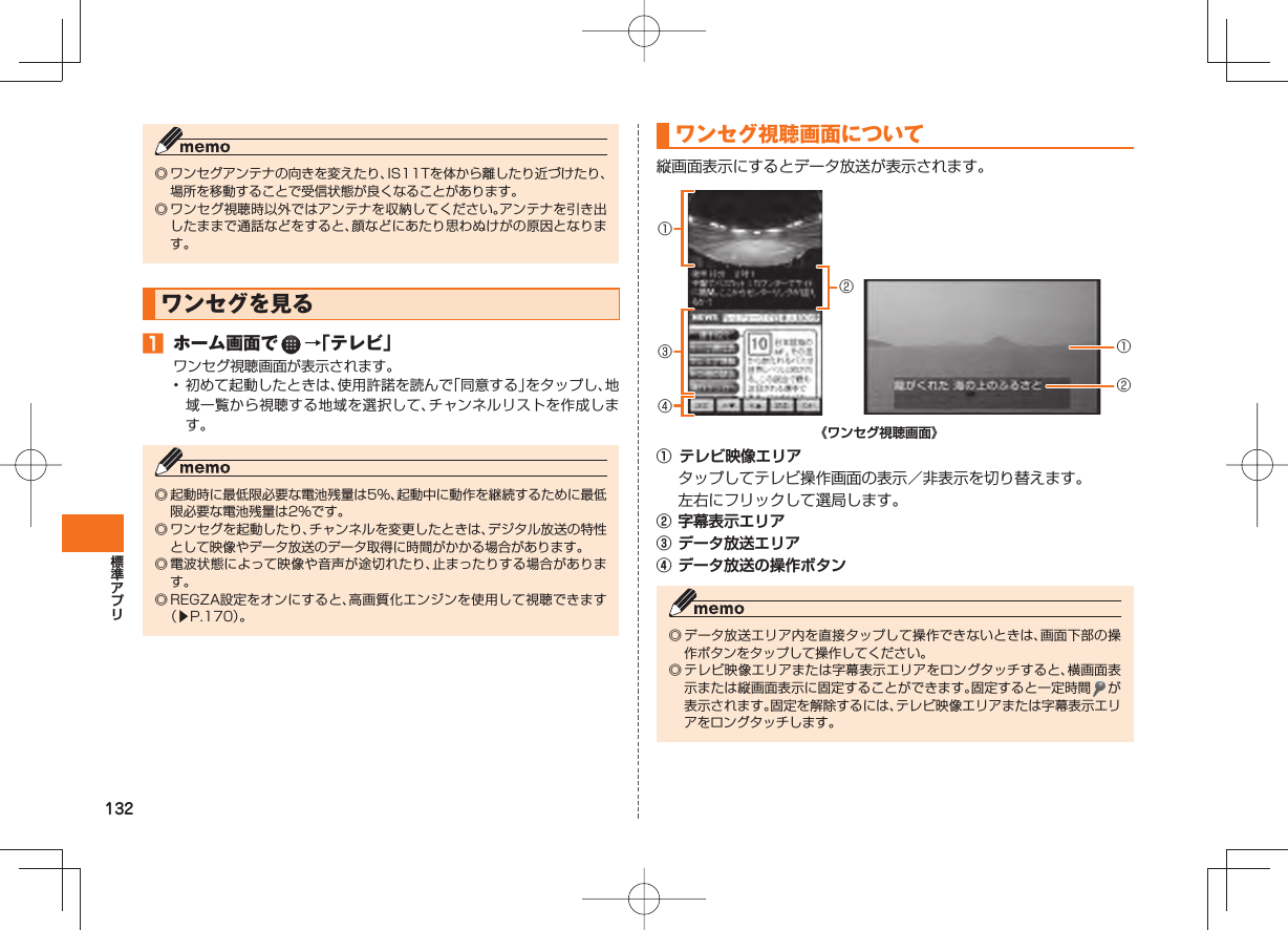 132◎ ワンセグアンテナの向きを変えたり、IS11Tを体から離したり近づけたり、場所を移動することで受信状態が良くなることがあります。◎ ワンセグ視聴時以外ではアンテナを収納してください。アンテナを引き出したままで通話などをすると、顔などにあたり思わぬけがの原因となります。 ワンセグを見る ホーム画面で →「テレビ」ワンセグ視聴画面が表示されます。• 初めて起動したときは、使用許諾を読んで「同意する」をタップし、地域一覧から視聴する地域を選択して、チャンネルリストを作成します。◎ 起動時に最低限必要な電池残量は5%、起動中に動作を継続するために最低限必要な電池残量は2%です。◎ ワンセグを起動したり、チャンネルを変更したときは、デジタル放送の特性として映像やデータ放送のデータ取得に時間がかかる場合があります。◎ 電波状態によって映像や音声が途切れたり、止まったりする場合があります。◎ REGZA設定をオンにすると、高画質化エンジンを使用して視聴できます(▶P.170)。ワンセグ視聴画面について縦画面表示にするとデータ放送が表示されます。《ワンセグ視聴画面》① テレビ映像エリア タップしてテレビ操作画面の表示/非表示を切り替えます。 左右にフリックして選局します。② 字幕表示エリア③ データ放送エリア④ データ放送の操作ボタン◎ データ放送エリア内を直接タップして操作できないときは、画面下部の操作ボタンをタップして操作してください。◎ テレビ映像エリアまたは字幕表示エリアをロングタッチすると、横画面表示または縦画面表示に固定することができます。固定すると一定時間 が表示されます。固定を解除するには、テレビ映像エリアまたは字幕表示エリアをロングタッチします。②①③④①②