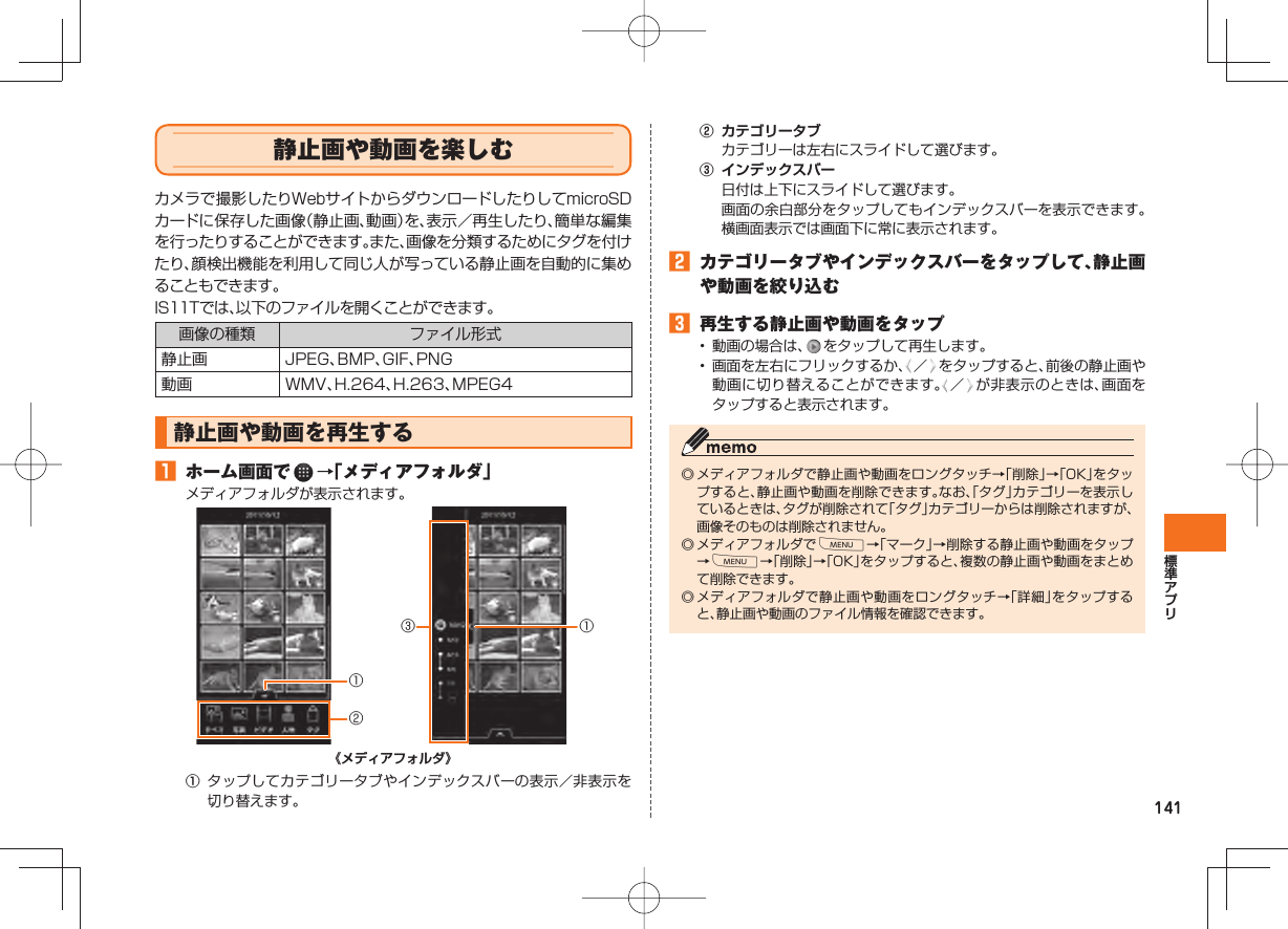 141 静止画や動画を楽しむ カメラで撮影したりWebサイトからダウンロードしたりしてmicroSDカードに保存した画像(静止画、動画)を、表示/再生したり、簡単な編集を行ったりすることができます。また、画像を分類するためにタグを付けたり、顔検出機能を利用して同じ人が写っている静止画を自動的に集めることもできます。IS11Tでは、以下のファイルを開くことができます。画像の種類 ファイル形式静止画 JPEG、BMP、GIF、PNG動画 WMV、H.264、H.263、MPEG4 静止画や動画を 再生する ホーム画面で →「メディアフォルダ」メディアフォルダが表示されます。《メディアフォルダ》① タップしてカテゴリータブやインデックスバーの表示/非表示を切り替えます。①②③①② カテゴリータブ カテゴリーは左右にスライドして選びます。③ インデックスバー 日付は上下にスライドして選びます。 画面の余白部分をタップしてもインデックスバーを表示できます。横画面表示では画面下に常に表示されます。 カテゴリータブやインデックスバーをタップして、静止画や動画を絞り込む 再生する静止画や動画をタップ• 動画の場合は、 をタップして再生します。• 画面を左右にフリックするか、 / をタップすると、前後の静止画や動画に切り替えることができます。 / が非表示のときは、画面をタップすると表示されます。◎ メディアフォルダで静止画や動画をロングタッチ→「削除」→「OK」をタップすると、静止画や動画を削除できます。なお、「タグ」カテゴリーを表示しているときは、タグが削除されて「タグ」カテゴリーからは削除されますが、画像そのものは削除されません。◎ メディアフォルダでM→「マーク」→削除する静止画や動画をタップ→M→「削除」→「OK」をタップすると、複数の静止画や動画をまとめて削除できます。◎ メディアフォルダで静止画や動画をロングタッチ→「詳細」をタップすると、静止画や動画のファイル情報を確認できます。