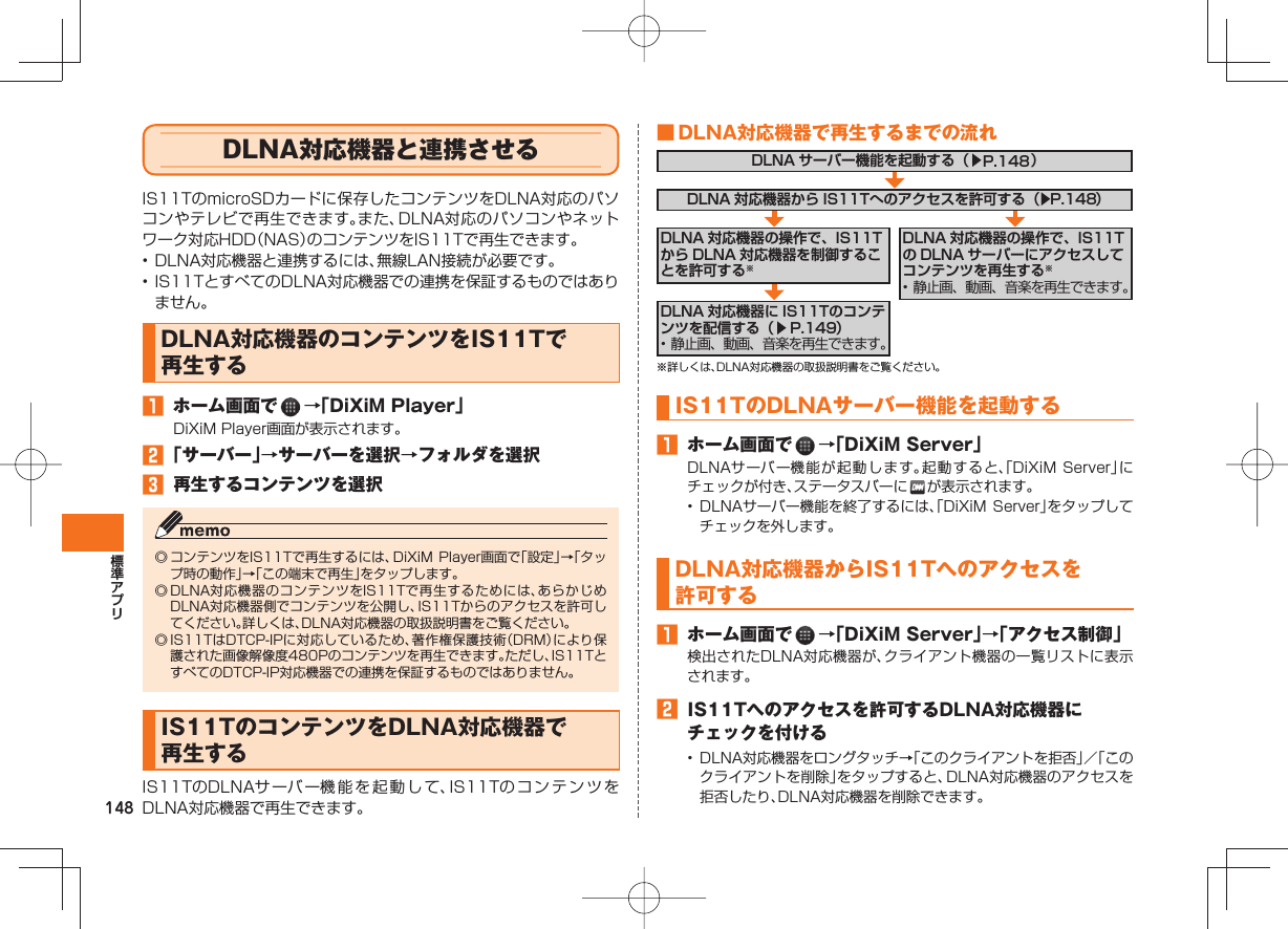 148 DLNA対応機器と連携させるIS11TのmicroSDカードに保存したコンテンツをDLNA対応のパソコンやテレビで再生できます。また、DLNA対応のパソコンやネットワーク対応HDD(NAS)のコンテンツをIS11Tで再生できます。• DLNA対応機器と連携するには、無線LAN接続が必要です。• IS11TとすべてのDLNA対応機器での連携を保証するものではありません。 DLNA対応機器のコンテンツをIS11Tで再生する ホーム画面で →「DiXiM Player」DiXiM Player画面が表示されます。 「サーバー」→サーバーを選択→フォルダを選択 再生するコンテンツを選択◎ コンテンツをIS11Tで再生するには、DiXiM Player画面で「設定」→「タップ時の動作」→「この端末で再生」をタップします。◎ DLNA対応機器のコンテンツをIS11Tで再生するためには、あらかじめDLNA対応機器側でコンテンツを公開し、IS11Tからのアクセスを許可してください。詳しくは、DLNA対応機器の取扱説明書をご覧ください。◎ IS11TはDTCP-IPに対応しているため、著作権保護技術(DRM)により保護された画像解像度480Pのコンテンツを再生できます。ただし、IS11TとすべてのDTCP-IP対応機器での連携を保証するものではありません。IS11TのコンテンツをDLNA対応機器で再生するIS11TのDLNAサ ーバ ー機能を起動して、IS11TのコンテンツをDLNA対応機器で再生できます。 ■ DLNA対応機器で再生するまでの流れDLNA 対応機器から IS11Tへのアクセスを許可する(▶ )DLNA サーバー機能を起動する(▶ )DLNA 対応機器の操作で、IS11Tから DLNA 対応機器を制御することを許可する※DLNA 対応機器に IS11Tのコンテンツを配信する(▶ )• 静止画、動画、音楽を再生できます。DLNA 対応機器の操作で、IS11Tの DLNA サーバーにアクセスしてコンテンツを再生する※• 静止画、動画、音楽を再生できます。P.148P.149P.148※詳しくは、DLNA対応機器の取扱説明書をご覧ください。 IS11TのDLNAサーバー機能を起動する ホーム画面で →「DiXiM Server」DLNAサーバー機能が起動します。起動すると、「DiXiM Server」にチェックが付き、ステータスバーに が表示されます。• DLNAサーバー機能を終了するには、「DiXiM Server」をタップしてチェックを外します。 DLNA対応機器からIS11Tへのアクセスを許可する ホーム画面で →「DiXiM Server」→「アクセス制御」検出されたDLNA対応機器が、クライアント機器の一覧リストに表示されます。 IS11Tへのアクセスを許可するDLNA対応機器にチェックを付ける• DLNA対応機器をロングタッチ→「このクライアントを拒否」/「このクライアントを削除」をタップすると、DLNA対応機器のアクセスを拒否したり、DLNA対応機器を削除できます。