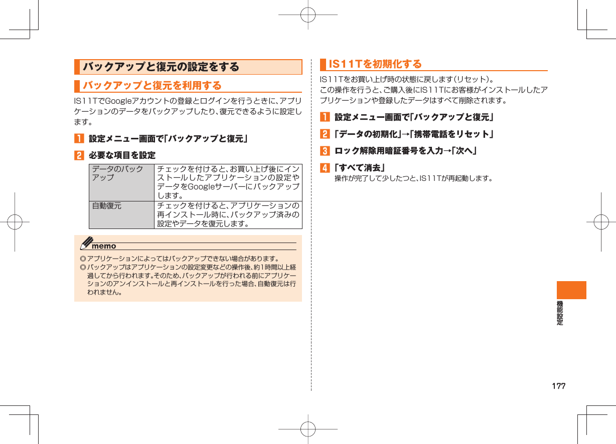 177 バックアップと復元の設定をする バックアップと復元を利用するIS11TでGoogleアカウントの登録とログインを行うときに、アプリケーションのデータをバックアップしたり、復元できるように設定します。 設定メニュー画面で「バックアップと復元」 必要な項目を設定データのバックアップチェックを付けると、お買い上げ後にインストールしたアプリケーションの設定やデータをGoogleサーバーにバックアップします。自動復元 チェックを付けると、アプリケーションの再インストール時に、バックアップ済みの設定やデータを復元します。◎ アプリケーションによってはバックアップできない場合があります。◎ バックアップはアプリケーションの設定変更などの操作後、約1時間以上経過してから行われます。そのため、バックアップが行われる前にアプリケーションのアンインストールと再インストールを行った場合、自動復元は行われません。 IS11Tを初期化するIS11Tをお買い上げ時の状態に戻します(リセット)。この操作を行うと、ご購入後にIS11Tにお客様がインストールしたアプリケーションや登録したデータはすべて削除されます。 設定メニュー画面で「バックアップと復元」 「データの初期化」→「携帯電話をリセット」 ロック解除用暗証番号を入力→「次へ」 「すべて消去」操作が完了して少したつと、IS11Tが再起動します。