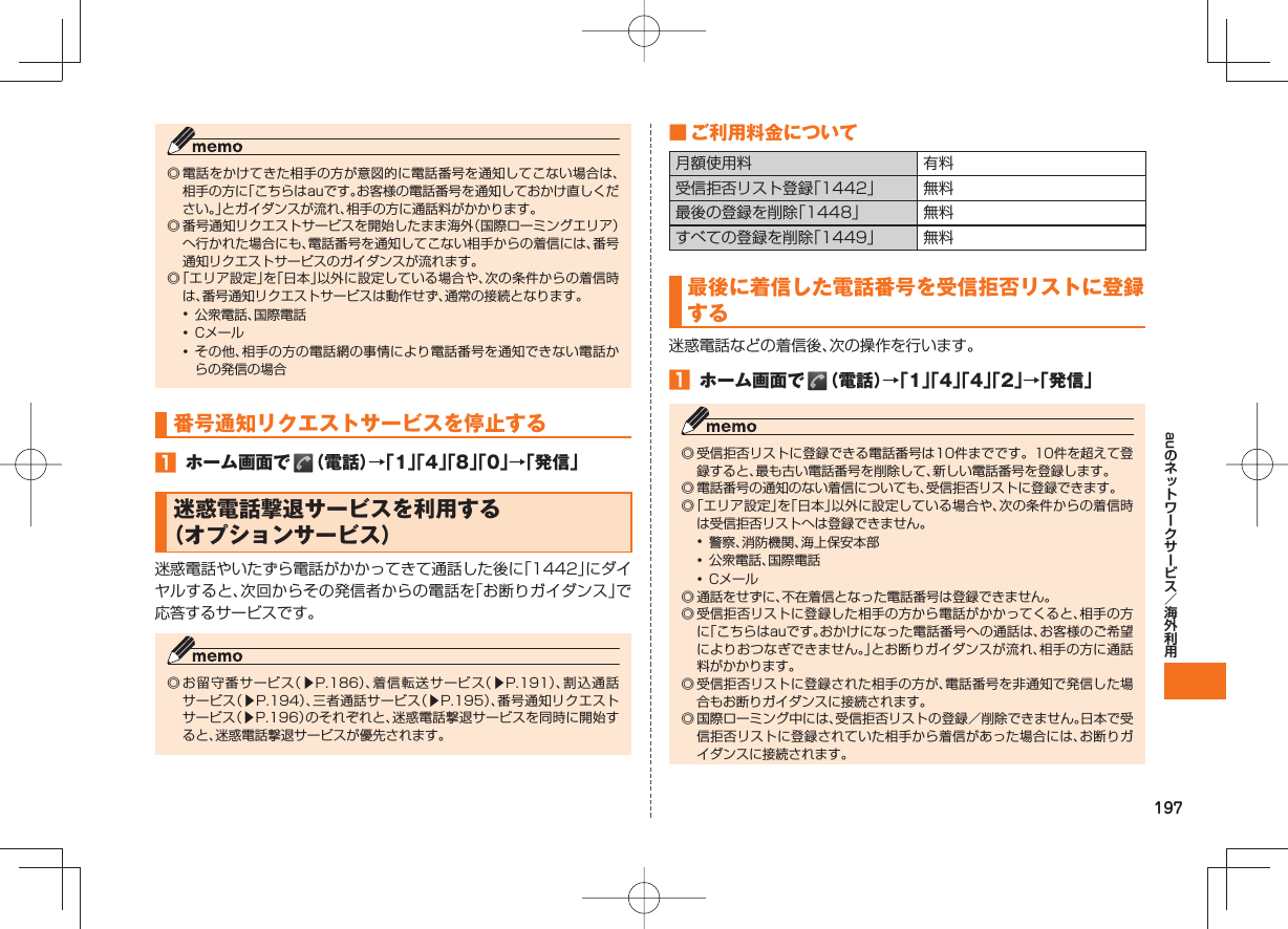 197au◎ 電話をかけてきた相手の方が意図的に電話番号を通知してこない場合は、相手の方に「こちらはauです。お客様の電話番号を通知しておかけ直しください。」とガイダンスが流れ、相手の方に通話料がかかります。◎ 番号通知リクエストサービスを開始したまま海外(国際ローミングエリア)へ行かれた場合にも、電話番号を通知してこない相手からの着信には、番号通知リクエストサービスのガイダンスが流れます。◎ 「エリア設定」を「日本」以外に設定している場合や、次の条件からの着信時は、番号通知リクエストサービスは動作せず、通常の接続となります。• 公衆電話、国際電話• Cメール• その他、相手の方の電話網の事情により電話番号を通知できない電話からの発信の場合番号通知リクエストサービスを停止する ホーム画面で (電話)→「1」「4」「8」「0」→「発信」 迷惑電話撃退サービスを利用する(オプションサービス)迷惑電話やいたずら電話がかかってきて通話した後に「1442」にダイヤルすると、次回からその発信者からの電話を「お断りガイダンス」で応答するサービスです。◎ お留守番サービス(▶P.186)、着信転送サービス(▶P.191)、割込通話サービス(▶P.194)、三者通話サービス(▶P.195)、番号通知リクエストサービス(▶P.196)のそれぞれと、迷惑電話撃退サービスを同時に開始すると、迷惑電話撃退サービスが優先されます。 ■ ご利用料金について月額使用料 有料受信拒否リスト登録「1442」 無料最後の登録を削除「1448」 無料すべての登録を削除「1449」 無料最後に着信した電話番号を受信拒否リストに登録する迷惑電話などの着信後、次の操作を行います。 ホーム画面で (電話)→「1」「4」「4」「2」→「発信」◎ 受信拒否リストに登録できる電話番号は10件までです。10件を超えて登録すると、最も古い電話番号を削除して、新しい電話番号を登録します。◎ 電話番号の通知のない着信についても、受信拒否リストに登録できます。◎ 「エリア設定」を「日本」以外に設定している場合や、次の条件からの着信時は受信拒否リストへは登録できません。• 警察、消防機関、海上保安本部• 公衆電話、国際電話• Cメール◎ 通話をせずに、不在着信となった電話番号は登録できません。◎ 受信拒否リストに登録した相手の方から電話がかかってくると、相手の方に「こちらはauです。おかけになった電話番号への通話は、お客様のご希望によりおつなぎできません。」とお断りガイダンスが流れ、相手の方に通話料がかかります。◎ 受信拒否リストに登録された相手の方が、電話番号を非通知で発信した場合もお断りガイダンスに接続されます。◎ 国際ローミング中には、受信拒否リストの登録/削除できません。日本で受信拒否リストに登録されていた相手から着信があった場合には、お断りガイダンスに接続されます。