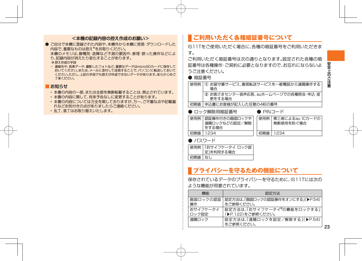 23<本機の記録内容の控え作成のお願い>● ご自分で本機に登録された内容や、本機外から本機に受信・ダウンロードした内容で、重要なものは控え※をお取りください。 本機のメモリは、静電気・故障など不測の要因や、修理・誤った操作などにより、記録内容が消えたり変化することがあります。※ 控え作成の手段• 連絡先や、音楽データ、撮影したフォトなど、重要なデータはmicroSDカードに保存しておいてください。または、メールに添付して送信することで、パソコンに転送しておいてください。ただし、上記の手段でも控えが作成できないデータがあります。あらかじめご了承ください。■ お知らせ• 本書の内容の一部、または全部を無断転載することは、禁止されています。• 本書の内容に関して、将来予告なしに変更することがあります。• 本書の内容については万全を期しておりますが、万一、ご不審な点や記載漏れなどお気付きの点がありましたらご連絡ください。• 乱丁、落丁はお取り替えいたします。 ご利用いただく各種暗証番号について IS11Tをご使用いただく場合に、各種の暗証番号をご利用いただきます。ご利用いただく暗証番号は次の通りとなります。設定された各種の暗証番号は各種操作・ご契約に必要となりますので、お忘れにならないようご注意ください。● 暗証番号使用例 ① お留守番サービス、着信転送サービスを一般電話から遠隔操作する場合② お客さまセンター音声応答、auホームページでの各種照会・申込・変更をする場合初期値 申込書にお客様が記入した任意の4桁の番号● ロック解除用暗証番号 ● PINコード使用例 認証操作付きの画面ロックや遠隔ロックなどの設定/解除をする場合使用例 第三者によるau ICカードの無断使用を防ぐ場合初期値 1234 初期値 1234● パスワード使用例 「おサイフケータイ ロック設定」を利用する場合初期値 なしプライバシーを守るための機能について保存されているデータのプライバシーを守るために、IS11Tには次のような機能が用意されています。機能 設定方法画面ロックの認証操作設定方法は、「画面ロックの認証操作をオンにする」(▶P.54)をご参照ください。おサイフケータイ ロック設定設定方法は、「おサイフケータイ®の機能をロックする」(▶P.122)をご参照ください。遠隔ロック 設定方法は、「遠隔ロックを設定/解除する」(▶P.54)をご参照ください。