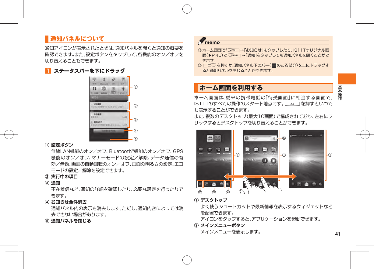 41 通知パネルについて通知アイコンが表示されたときは、通知パネルを開くと通知の概要を確認できます。また、設定ボタンをタップして、各機能のオン/オフを切り替えることもできます。 ステータスバーを下にドラッグ ① 設定ボタン 無線LAN機能のオン/オフ、Bluetooth®機能のオン/オフ、GPS機能のオン/オフ、マナーモードの設定/解除、データ通信の有効/無効、画面の自動回転のオン/オフ、画面の明るさの設定、エコモードの設定/解除を設定できます。② 実行中の項目③ 通知 不在着信など、通知の詳細を確認したり、必要な設定を行ったりできます。④ お知らせ全件消去 通知パネル内の表示を消去します。ただし、通知内容によっては消去できない場合があります。⑤ 通知パネルを閉じる①②③⑤④◎ ホーム画面でM→「お知らせ」をタップしたり、IS11Tオリジナル画面(▶P.46)でM→「通知」をタップしても通知パネルを開くことができます。◎ Rを押すか、通知パネル下のバー( のある部分)を上にドラッグすると通知パネルを閉じることができます。 ホーム画面を利用する ホーム画面は、従来の携帯電話の「待受画面」に相当する画面で、IS11Tのすべての操作のスタート地点です。Aを押すといつでも表示することができます。また、複数のデスクトップ(最大10画面)で構成されており、左右にフリックするとデスクトップを切り替えることができます。⑤③④②①①① ① デスクトップ よく使うショートカットや最新情報を表示するウィジェットなどを配置できます。 アイコンをタップすると、アプリケーションを起動できます。② メインメニューボタン メインメニューを表示します。
