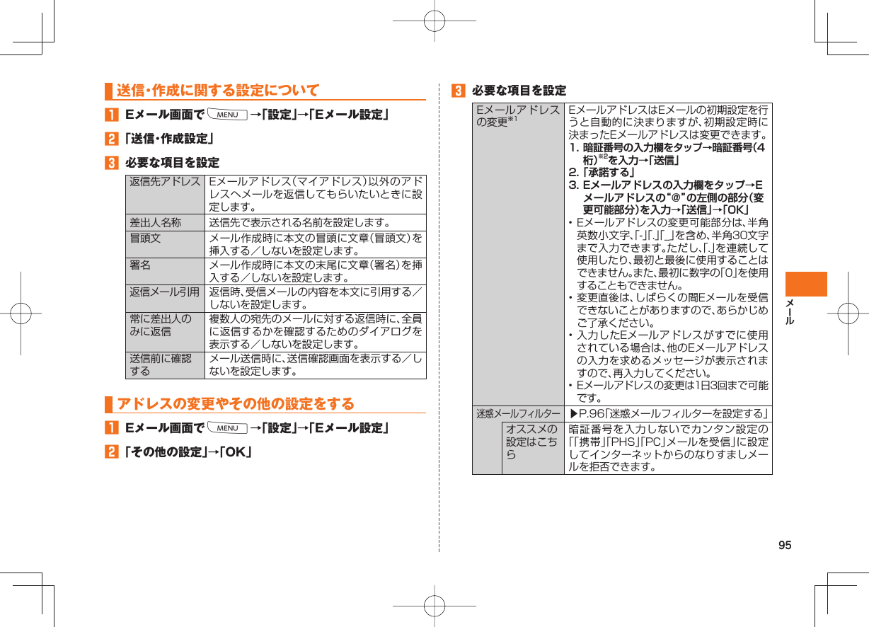95送信・作成に関する設定について Eメール画面でM→「設定」→「Eメール設定」 「送信・作成設定」 必要な項目を設定返信先アドレス Eメールアドレス(マイアドレス)以外のアドレスへメールを返信してもらいたいときに設定します。差出人名称 送信先で表示される名前を設定します。冒頭文 メール作成時に本文の冒頭に文章(冒頭文)を挿入する/しないを設定します。署名 メール作成時に本文の末尾に文章(署名)を挿入する/しないを設定します。返信メール引用 返信時、受信メールの内容を本文に引用する/しないを設定します。常に差出人のみに返信複数人の宛先のメールに対する返信時に、全員に返信するかを確認するためのダイアログを表示する/しないを設定します。送信前に確認するメール送信時に、送信確認画面を表示する/しないを設定します。 アドレスの変更やその他の設定をする Eメール画面でM→「設定」→「Eメール設定」 「その他の設定」→「OK」 必要な項目を設定Eメールアドレスの変更※1EメールアドレスはEメールの初期設定を行うと自動的に決まりますが、初期設定時に決まったEメールアドレスは変更できます。1. 暗証番号の入力欄をタップ→暗証番号(4桁)※2を入力→「送信」2. 「承諾する」3. Eメールアドレスの入力欄をタップ→Eメールアドレスの“@”の左側の部分(変更可能部分)を入力→「送信」→「OK」• Eメールアドレスの変更可能部分は、半角英数小文字、「-」「.」「_」を含め、半角30文字まで入力できます。ただし、「.」を連続して使用したり、最初と最後に使用することはできません。また、最初に数字の「0」を使用することもできません。• 変更直後は、しばらくの間Eメールを受信できないことがありますので、あらかじめご了承ください。• 入力したEメールアドレスがすでに使用されている場合は、他のEメールアドレスの入力を求めるメッセージが表示されますので、再入力してください。• Eメールアドレスの変更は1日3回まで可能です。迷惑メールフィルター▶P.96「迷惑メールフィルターを設定する」オススメの設定はこちら暗証番号を入力しないでカンタン設定の「「携帯」「PHS」「PC」メールを受信」に設定してインターネットからのなりすましメールを拒否できます。