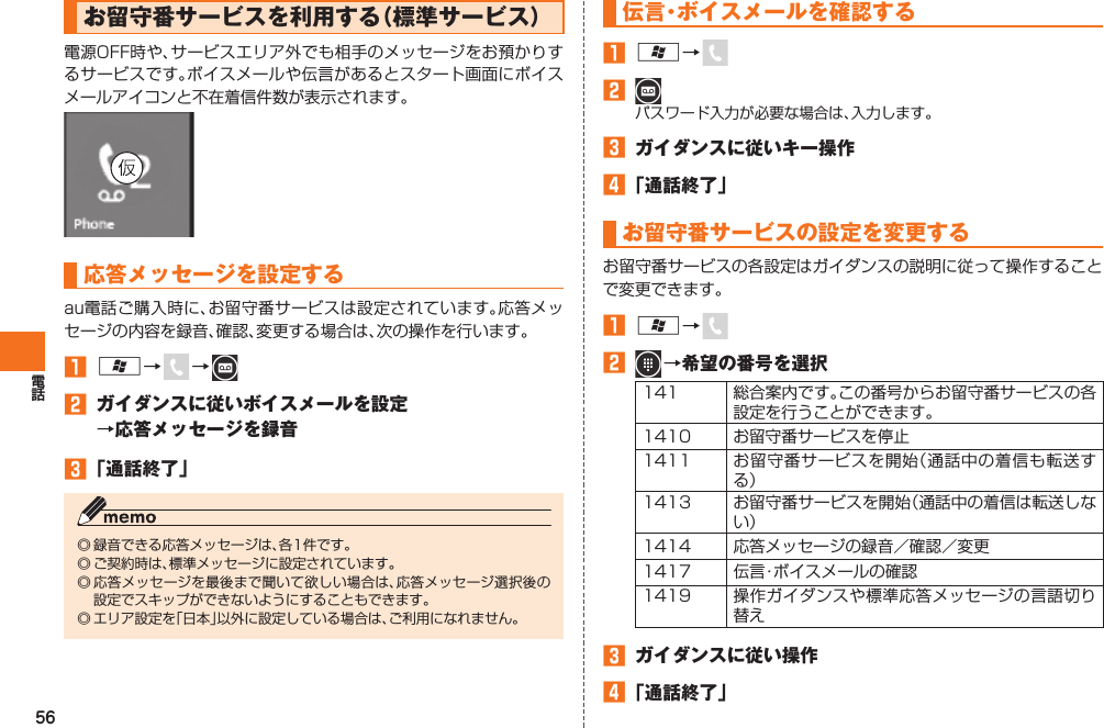 56  お留守番サービスを利用する（標準サービス）電源OFF時や、サービスエリア外でも相手のメッセージをお預かりするサービスです。ボイスメールや伝言があるとスタート画面にボイスメールアイコンと不在着信件数が表示されます。応答メッセージを設定するau電話ご購入時に、お留守番サービスは設定されています。応答メッセージの内容を録音、確認、変更する場合は、次の操作を行います。󱈠 A→   →  󱈢  ガイダンスに従いボイスメールを設定→応答メッセージを録音󱈤 「通話終了」◎ 録音できる応答メッセージは、各1件です。◎ ご契約時は、標準メッセージに設定されています。◎ 応答メッセージを最後まで聞いて欲しい場合は、応答メッセージ選択後の設定でスキップができないようにすることもできます。◎ エリア設定を「日本」以外に設定している場合は、ご利用になれません。伝言・ボイスメールを確認する󱈠 A→ 󱈢 パスワード入力が必要な場合は、入力します。󱈤  ガイダンスに従いキー操作󱈦 「通話終了」お留守番サービスの設定を変更するお留守番サービスの各設定はガイダンスの説明に従って操作することで変更できます。󱈠 A→ 󱈢   →希望の番号を選択141 総合案内です。この番号からお留守番サービスの各設定を行うことができます。1410 お留守番サービスを停止1411 お留守番サービスを開始（通話中の着信も転送する）1413 お留守番サービスを開始（通話中の着信は転送しない）1414 応答メッセージの録音／確認／変更1417 伝言・ボイスメールの確認1419 操作ガイダンスや標準応答メッセージの言語切り替え󱈤  ガイダンスに従い操作󱈦 「通話終了」IS12T.indb   56IS12T.indb   56 2011/06/06   22:32:422011/06/06   22:32:42