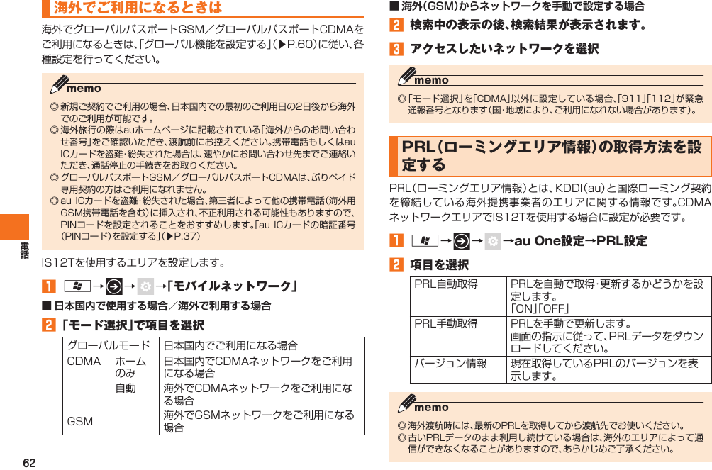 62海外でご利用になるときは海外でグローバルパスポートGSM／グローバルパスポートCDMAをご利用になるときは、「グローバル機能を設定する」（▶P.60）に従い、各種設定を行ってください。◎ 新規ご契約でご利用の場合、日本国内での最初のご利用日の2日後から海外でのご利用が可能です。◎ 海外旅行の際はauホームページに記載されている「海外からのお問い合わせ番号」をご確認いただき、渡航前にお控えください。携帯電話もしくはau ICカードを盗難・紛失された場合は、速やかにお問い合わせ先までご連絡いただき、通話停止の手続きをお取りください。◎ グローバルパスポートGSM／グローバルパスポートCDMAは、ぷりペイド専用契約の方はご利用になれません。◎ au ICカードを盗難・紛失された場合、第三者によって他の携帯電話（海外用GSM携帯電話を含む）に挿入され、不正利用される可能性もありますので、PINコードを設定されることをおすすめします。「au ICカードの暗証番号（PINコード）を設定する」（▶P.37）IS12Tを使用するエリアを設定します。󱈠 A→   →    →「 モバイルネットワーク」■ 日本国内で使用する場合／海外で利用する場合󱈢 「モード選択」で項目を選択グローバルモード 日本国内でご利用になる場合CDMA ホームのみ日本国内でCDMAネットワークをご利用になる場合自動 海外でCDMAネットワークをご利用になる場合GSM 海外でGSMネットワークをご利用になる場合■ 海外（GSM）からネットワークを手動で設定する場合󱈢  検索中の表示の後、検索結果が表示されます。󱈤  アクセスしたいネットワークを選択◎ 「モード選択」を「CDMA」以外に設定している場合、「911」「112」が緊急通報番号となります（国・地域により、ご利用になれない場合があります）。  PRL（ ローミングエリア情報）の取得方法を設定するPRL（ローミングエリア情報）とは、KDDI（au）と国際ローミング契約を締結している海外提携事業者のエリアに関する情報です。CDMAネットワークエリアでIS12Tを使用する場合に設定が必要です。󱈠 A→   →    →au One設定→PRL設定󱈢  項目を選択PRL自動取得 PRLを自動で取得・更新するかどうかを設定します。「ON」「OFF」PRL手動取得 PRLを手動で更新します。画面の指示に従って、PRLデータをダウンロードしてください。バージョン情報 現在取得しているPRLのバージョンを表示します。◎ 海外渡航時には、最新のPRLを取得してから渡航先でお使いください。◎ 古いPRLデータのまま利用し続けている場合は、海外のエリアによって通信ができなくなることがありますので、あらかじめご了承ください。IS12T.indb   62IS12T.indb   62 2011/06/06   22:32:432011/06/06   22:32:43