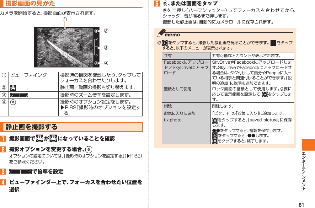 81撮影画面の見かたカメラを開始すると、撮影画面が表示されます。②①③④① ビューファインダー 撮影時の構図を確認したり、タップしてフォーカスを合わせたりします。②静止画／動画の撮影を切り替えます。③撮影時のズーム倍率を設定します。④撮影時のオプション設定をします。▶P.82「撮影時のオプションを設定する」  静止画を撮影する󱈠  撮影画面で   が   になっていることを確認󱈢  撮影オプションを変更する場合、オプションの設定については、「撮影時のオプションを設定する」（▶P.82）をご参照ください。󱈤  で倍率を設定󱈦  ビューファインダー上で、フォーカスを合わせたい位置を選択󱈨 D、または画面をタップDを半押し（ハーフシャッター）してフォーカスを合わせてから、シャッター音が鳴るまで押します。撮影した静止画は、自動的にカメラロールに保存されます。◎  をタップすると、撮影した静止画を見ることができます。 をタップすると、以下のメニューが表示されます。共有  共有可能なアカウントが表示されます。Facebookにアップロード ／SkyDriveに ア ップロード SkyDriveやFacebookにアップロードします。SkyDriveやFacebookにアップロードする場合は、タグ付けして自分やPeopleに入っている相手と関連付けることができます。「説明の追加」に説明を追加できます。壁紙として使用  ロック画面の壁紙として使用します。必要に応じて表示範囲を設定して、 をタップします。削除 削除します。お気に入りに追加 「ピクチャ」の「お気に入り」に追加します。fix photo をタップすると、「saved  picture」に保存します。●●をタップすると、複製を保存します。 をタップすると、●●します。をタップすると、終了します。IS12T.indb   81IS12T.indb   81 2011/06/06   22:32:462011/06/06   22:32:46