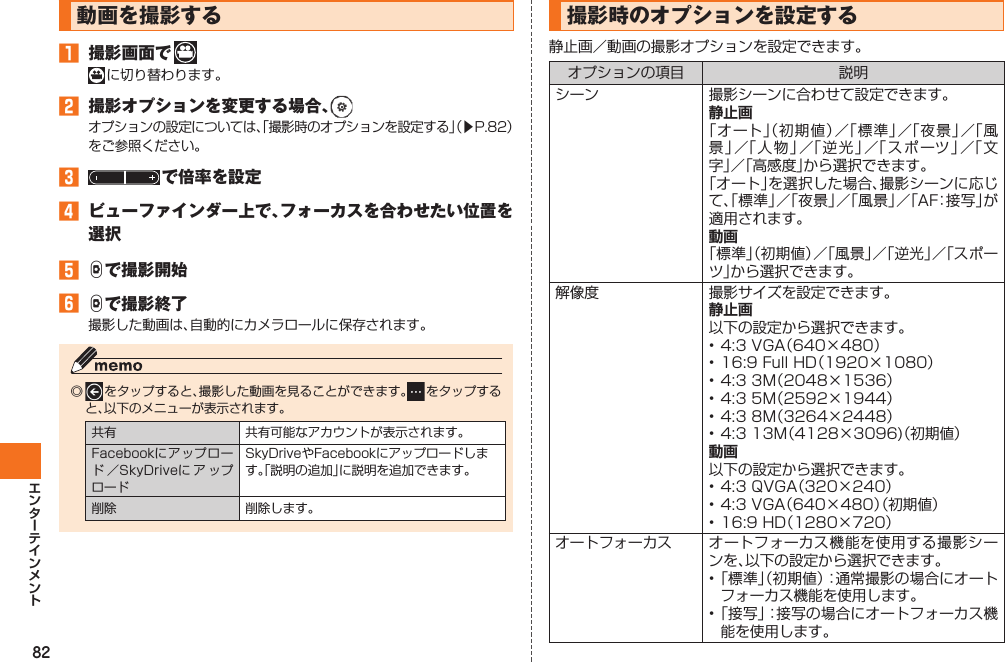 82  動画を撮影する󱈠  撮影画面で    に切り替わります。󱈢  撮影オプションを変更する場合、オプションの設定については、「撮影時のオプションを設定する」（▶P.82）をご参照ください。󱈤  で倍率を設定󱈦  ビューファインダー上で、フォーカスを合わせたい位置を選択󱈨 Dで撮影開始󱈪 Dで撮影終了撮影した動画は、自動的にカメラロールに保存されます。◎  をタップすると、撮影した動画を見ることができます。 をタップすると、以下のメニューが表示されます。共有  共有可能なアカウントが表示されます。Facebookにアップロード ／SkyDriveに ア ップロードSkyDriveやFacebookに アップロードします。「説明の追加」に説明を追加できます。削除 削除します。   撮影時のオプションを設定する静止画／動画の撮影オプションを設定できます。オプションの項目 説明シーン 撮影シーンに合わせて設定できます。静止画「オート」（初期値）／「標準」／「夜景」／「風景」／「人物」／「逆光」／「スポーツ」／「文字」／「高感度」から選択できます。「オート」を選択した場合、撮影シーンに応じて、「標準」／「夜景」／「風景」／「AF：接写」が適用されます。動画「標準」（初期値）／「風景」／「逆光」／「スポーツ」から選択できます。解像度 撮影サイズを設定できます。静止画以下の設定から選択できます。• 4:3 VGA（640×480）• 16:9 Full HD（1920×1080）• 4:3 3M（2048×1536）• 4:3 5M（2592×1944）• 4:3 8M（3264×2448）• 4:3 13M（4128×3096)（初期値）動画以下の設定から選択できます。• 4:3 QVGA（320×240）• 4:3 VGA（640×480）（初期値）• 16:9 HD（1280×720）オートフォーカス オートフォーカス機能を使用する撮影シーンを、以下の設定から選択できます。• 「標準」（初期値）：通常撮影の場合にオートフォーカス機能を使用します。• 「接写」：接写の場合にオートフォーカス機能を使用します。IS12T.indb   82IS12T.indb   82 2011/06/06   22:32:462011/06/06   22:32:46
