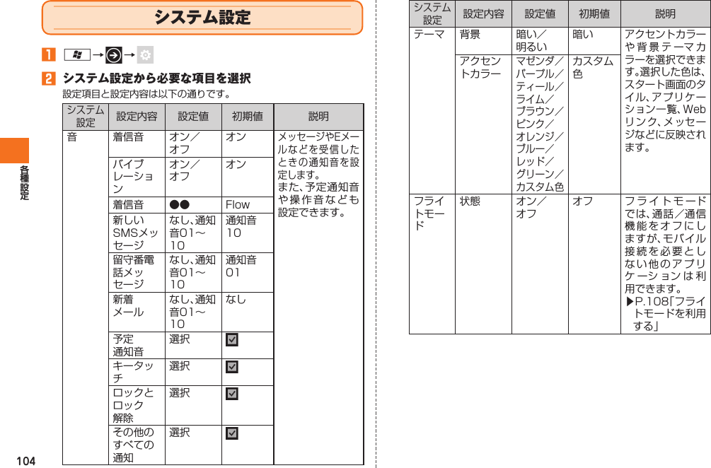 104  システム設定󱈠 A→   →    󱈢  システム設定から必要な項目を選択設定項目と設定内容は以下の通りです。システム設定設定内容 設定値 初期値 説明 音 着信音 オン／オフオンメッセージやEメールなどを受信したときの通知音を設定します。また、予定通知音や 操作音なども設定できます。 バイブレーションオン／オフオン着信音 ●● Flow新しいSMSメッセージなし、通知音01∼10通知音10留守番電話メッセージなし、通知音01∼10通知音01新着メールなし、通知音01∼10なし予定通知音選択キータッチ選択ロックとロック解除選択その他のすべての通知選択システム設定設定内容 設定値 初期値 説明テーマ 背景 暗い／明るい暗いアクセントカラーや背景テーマカラーを選択できます。選択した色は、スタート画面のタイル、アプリケーション一覧、Webリンク、メッセージなどに反映されます。アクセントカラーマゼンダ／パープル／ティール／ライム／ブラウン／ピンク／オレンジ／ブルー／レッド／グリーン／カスタム色カスタム色フライトモード状態 オン／オフオフ フライトモードでは、通話／通信機能をオフにしますが、モバイル接続を必要としない他のアプリケーションは利用できます。▶P.108「フライトモードを利用する」IS12T.indb   104IS12T.indb   104 2011/06/06   22:32:502011/06/06   22:32:50