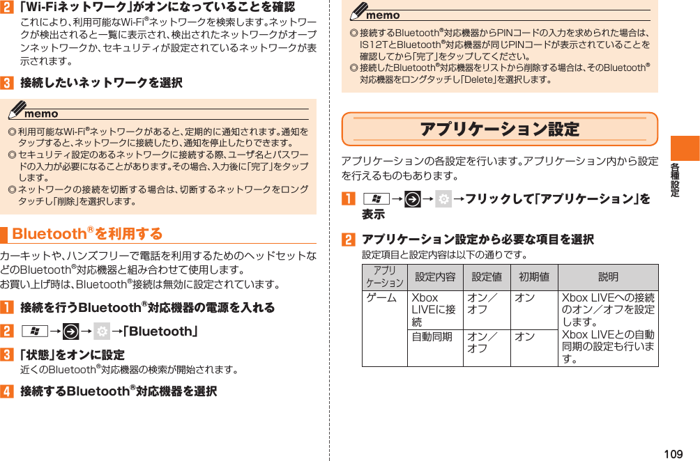 109󱈢 「Wi-Fiネットワーク」がオンになっていることを確認これにより、利用可能な Wi-Fi®ネットワークを検索します。ネットワークが検出されると一覧に表示され、検出されたネットワークがオープンネットワークか、セキュリティが設定されているネットワークが表示されます。󱈤  接続したいネットワークを選択◎ 利用可能なWi-Fi®ネットワークがあると、定期的に通知されます。通知をタップすると、ネットワークに接続したり、通知を停止したりできます。◎ セキュリティ設定のあるネットワークに接続する際、ユーザ名とパスワードの入力が必要になることがあります。その場合、入力後に「完了」をタップします。◎ ネットワークの接続を切断する場合は、切断するネットワークをロングタッチし「削除」を選択します。  Bluetooth®を利用するカーキットや、 ハンズフリーで電話を利用するためのヘッドセットなどのBluetooth®対応機器と組み合わせて使用します。お買い上げ時は、Bluetooth®接続は無効に設定されています。󱈠  接続を行うBluetooth®対応機器の電源を入れる󱈢 A→   →    →「Bluetooth」󱈤 「状態」をオンに設定近くの Bluetooth®対応機器の検索が開始されます。󱈦  接続するBluetooth®対応機器を選択◎ 接続するBluetooth®対応機器からPINコードの入力を求められた場合は、IS12TとBluetooth®対応機器が同じPINコードが表示されていることを確認してから「完了」をタップしてください。◎ 接続したBluetooth®対応機器をリストから削除する場合は、そのBluetooth®対応機器をロングタッチし「Delete」を選択します。  アプリケーション設定アプリケーションの各設定を行います。アプリケーション内から設定を行えるものもあります。󱈠 A→   →    →フリックして「アプリケーション」を表示󱈢  アプリケーション設定から必要な項目を選択設定項目と設定内容は以下の通りです。アプリケーション設定内容 設定値 初期値 説明ゲーム Xbox LIVEに接続オン／オフオンXbox LIVEへの接続のオン／オフを設定します。Xbox LIVEとの自動同期の設定も行います。自動同期 オン／オフオンIS12T.indb   109IS12T.indb   109 2011/06/06   22:32:512011/06/06   22:32:51