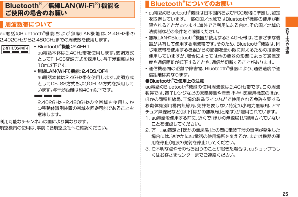 25 Bluetooth®／ 無線LAN（ Wi-Fi®）機能をご使用の場合のお願い周波数帯についてau電 話 のBluetooth®機能および無線LAN機能は、2.4GHz帯 の2.402GHzから2.480GHzまでの周波数を使用します。• Bluetooth®機能：2.4FH1  au電話本体は2.4GHz帯を使用します。変調方式としてFH‒SS変調方式を採用し、与干渉距離は約10m以下です。• 無線LAN（Wi-Fi）機能：2.4DS/OF4  au電話本体は2.4GHz帯を使用します。変調方式としてDS‒SS方式およびOFDM方式を採用しています。与干渉距離は約40m以下です。■ ■ ■  2.402GHz∼2.480GHzの全帯域を使用し、かつ移動体識別装置の帯域を回避可能であることを意味します。利用可能なチャンネルは国により異なります。航空機内の使用は、事前に各航空会社へご確認ください。Bluetooth®についてのお願い• au電話のBluetooth®機能は日本国内およびFCC規格に準拠し、認定を取得しています。一部の国／地域ではBluetooth®機能の使用が制限されることがあります。海外でご利用になる合は、その国／地域の法規制などの条件をご確認ください。• 無線LANやBluetooth®機器が使用する2.4GHz帯は、さまざまな機器が共有して使用する電波帯です。そのため、Bluetooth®機器は、同じ電波帯を使用する機器からの影響を最小限に抑えるための技術を使用していますが、場合によっては他の機器の影響によって通信速度や通信距離が低下することや、通信が切断することがあります。• 通信機器間の距離や障害物、Bluetooth®機器により、通信速度や通信距離は異なります。●Bluetooth®ご使用上の注意au電話のBluetooth®機能の使用周波数は2.4GHz帯です。この周波数帯では、電子レンジなどの家電製品や産業・科学・医療用機器のほか、ほかの同種無線局、工場の製造ラインなどで使用される免許を要する移動体識別用構内無線局、免許を要しない特定の小電力無線局、アマチュア無線局など（以下「ほかの無線局」と略す）が運用されています。1. au電話を使用する前に、近くで「ほかの無線局」が運用されていないことを確認してください。2. 万一、au電話と「ほかの無線局」との間に電波干渉の事例が発生した場合には、速やかにau電話の使用場所を変えるか、または機器の運用を停止（電波の発射を停止）してください。3. ご不明な点やその他お困りのことが起きた場合は、auショップもしくはお客さまセンターまでご連絡ください。IS12T.indb   25IS12T.indb   25 2011/06/06   22:32:372011/06/06   22:32:37