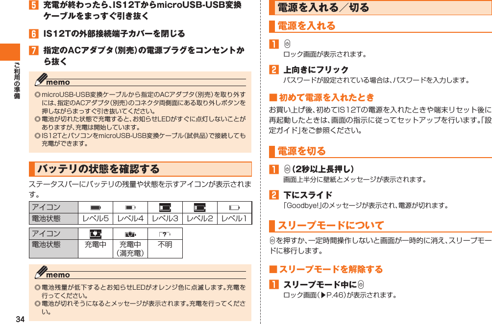 34󱈨  充電が終わったら、IS12TからmicroUSB-USB変換ケーブルをまっすぐ引き抜く󱈪  IS12Tの外部接続端子カバーを閉じる󱈬  指定のACアダプタ（別売）の電源プラグをコンセントから抜く◎ microUSB-USB変換ケーブルから指定のACアダプタ（別売）を取り外すには、指定のACアダプタ（別売）のコネクタ両側面にある取り外しボタンを押しながらまっすぐ引き抜いてください。◎ 電池が切れた状態で充電すると、お知らせLEDがすぐに点灯しないことがありますが、充電は開始しています。◎ IS12TとパソコンをmicroUSB-USB変換ケーブル（試供品）で接続しても充電ができます。 バッテリの状態を確認するステータスバーにバッテリの残量や状態を示すアイコンが表示されます。アイコン電池状態 レベル5 レベル4 レベル3 レベル2 レベル1アイコン電池状態 充電中 充電中（満充電）不明◎ 電池残量が低下するとお知らせLEDがオレンジ色に点滅します。充電を行ってください。◎ 電池が切れそうになるとメッセージが表示されます。充電を行ってください。  電源を入れる／切る電源を入れる󱈠 Cロック画面が表示されます。󱈢  上向きにフリックパスワードが設定されている場合は、パスワードを入力します。■ 初めて電源を入れたときお買い上げ後、初めてIS12Tの電源を入れたときや端末リセット後に再起動したときは、画面の指示に従ってセットアップを行います。「設定ガイド」をご参照ください。電源を切る󱈠 C（2秒以上長押し）画面上半分に壁紙とメッセージが表示されます。󱈢  下にスライド「Goodbye!」のメッセージが表示され、電源が切れます。 スリープモードについてCを押すか、一定時間操作しないと画面が一時的に消え、スリープモードに移行します。■ スリープモードを解除する󱈠  スリープモード中にCロック画面（▶P.46）が表示されます。IS12T.indb   34IS12T.indb   34 2011/06/06   22:32:382011/06/06   22:32:38