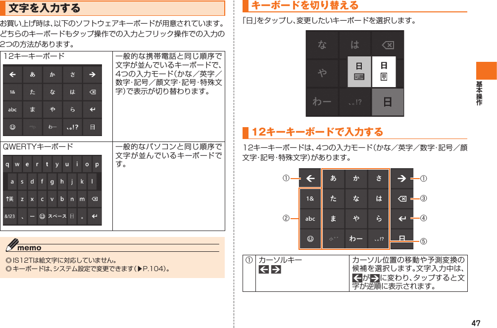 47 文字を入力するお買い上げ時は、以下のソフトウェアキーボードが用意されています。どちらのキーボードもタップ操作での入力とフリック操作での入力の2つの方法があります。12キーキーボード 一般的な携帯電話と同じ順序で文字が並んでいるキーボードで、4つの入力モード（かな／英字／数字・ 記号／ 顔文字・記号・特殊文字）で表示が切り替わります。QWERTYキーボード 一般的なパソコンと同じ順序で文字が並んでいるキーボードです。◎ IS12Tは絵文字に対応していません。◎ キーボードは、システム設定で変更できます（▶P.104）。 キーボードを切り替える「日」をタップし、変更したいキーボードを選択します。 12キーキーボードで入力する12キーキーボードは、4つの入力モード（かな／英字／数字・記号／顔文字・記号・特殊文字）があります。①②①③④⑤① カーソルキー カーソル位置の移動や予測変換の候補を選択します。文字入力中は、がに変わり、タップすると文字が逆順に表示されます。IS12T.indb   47IS12T.indb   47 2011/06/06   22:32:412011/06/06   22:32:41