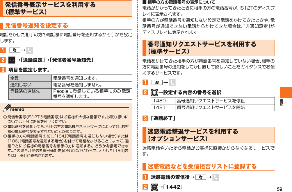 59  発信番号表示サービスを利用する（標準サービス） 発信番号通知を設定する電話をかけた相手の方の電話機に電話番号を通知するかどうかを設定します。󱈠 A→ 󱈢  →「通話設定」→「発信者番号通知先」󱈤  項目を設定します。全員 電話番号を通知します。通知しない 電話番号を通知しません。登録済の連絡先 Peopleに登録している相手にのみ電話番号を通知します。◎ 発信者番号（IS12Tの電話番号）はお客様の大切な情報です。お取り扱いについては十分にお気を付けください。◎ 電話番号を通知しても、相手の方の電話機やネットワークによっては、お客様の電話番号が表示されないことがあります。◎ 相手の方の電話番号の前に「184」（電話番号を通知しない場合）または「186」（電話番号を通知する場合）を付けて電話をかけることによって、通話ごとにお客様の電話番号を相手の方に通知するかどうかを指定できます。この場合、「発信者番号通知先」の設定にかかわらず、入力した「184」または「186」が優先されます。■ 相手の方の電話番号の表示について電話がかかってきたときに相手の方の電話番号が、IS12Tのディスプレイに表示されます。相手の方が電話番号を通知しない設定で電話をかけてきたときや、電話番号が通知できない電話からかけてきた場合は、「非通知設定」がディスプレイに表示されます。  番号通知リクエストサービスを利用する（標準サービス）電話をかけてきた相手の方が電話番号を通知していない場合、相手の方に電話番号の通知をしてかけ直して欲しいことをガイダンスでお伝えするサービスです。󱈠 A→ 󱈢   →設定する内容の番号を選択1480 番号通知リクエストサービスを停止1481 番号通知リクエストサービスを開始󱈤 「通話終了」  迷惑電話撃退サービスを利用する（オプションサービス）迷惑電話やいたずら電話がお客様に直接かからなくなるサービスです。迷惑電話などを受信拒否リストに登録する󱈠  迷惑電話の着信後→A→ 󱈢  →「1442」IS12T.indb   59IS12T.indb   59 2011/06/06   22:32:432011/06/06   22:32:43