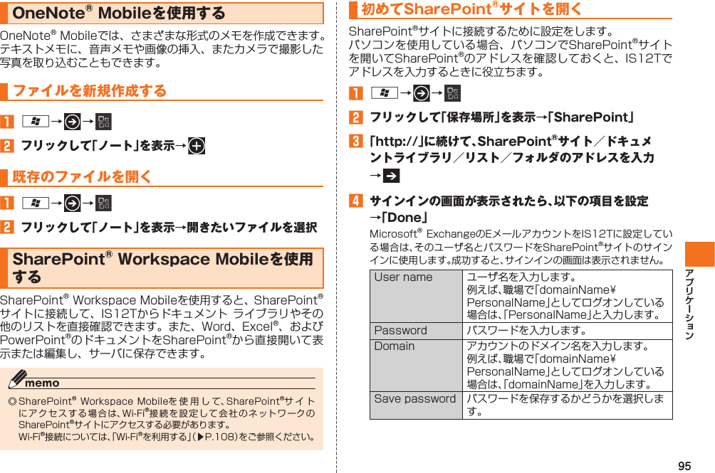 95 OneNote® Mobileを使用するOneNote® Mobileでは、さまざまな形式のメモを作成できます。 テキストメモに、 音声メモや画像の挿入、またカメラで撮影した写真を取り込むこともできます。ファイルを新規作成する󱈠 A→   → 󱈢  フリックして「ノート」を表示→   既存のファイルを開く󱈠 A→   → 󱈢  フリックして「ノート」を表示→開きたいファイルを選択  SharePoint® Workspace Mobileを使用するSharePoint® Workspace Mobileを使用すると、SharePoint®サイトに接続して、IS12Tからドキュメント ライブラリやその他のリストを直接確認できます。また、Word、Excel®、および PowerPoint®のドキュメントをSharePoint®から直接開いて表示または編集し、サーバに保存できます。◎ SharePoint® Workspace Mobileを使用して、SharePoint®サイトにアクセスする場合は、Wi-Fi®接続を設定して会社のネットワークのSharePoint®サイトにアクセスする必要があります。  Wi-Fi®接続については、「Wi-Fi®を利用する」（▶P.108）をご参照ください。 初めてSharePoint®サイトを開くSharePoint®サイトに接続するために設定をします。パソコンを使用している場合、パソコンでSharePoint®サイトを開いてSharePoint®のアドレスを確認しておくと、IS12Tでアドレスを入力するときに役立ちます。󱈠 A→   → 󱈢  フリックして「保存場所」を表示→「SharePoint」󱈤 「http://」に続けて、SharePoint®サイト／ドキュメントライブラリ／リスト／フォルダのアドレスを入力→ 󱈦  サインインの画面が表示されたら、以下の項目を設定→「Done」Microsoft® ExchangeのEメールアカウントをIS12Tに設定している場合は、そのユーザ名とパスワードをSharePoint®サイトのサインインに使用します。成功すると、サインインの画面は表示されません。User name ユーザ名を入力します。例えば、職場で「domainName￥PersonalName」としてログオンしている場合は、「PersonalName」と入力します。Password パスワードを入力します。Domain アカウントのドメイン名を入力します。例えば、職場で「domainName￥PersonalName」としてログオンしている場合は、「domainName」を入力します。Save password パスワードを保存するかどうかを選択します。IS12T.indb   95IS12T.indb   95 2011/06/06   22:32:492011/06/06   22:32:49