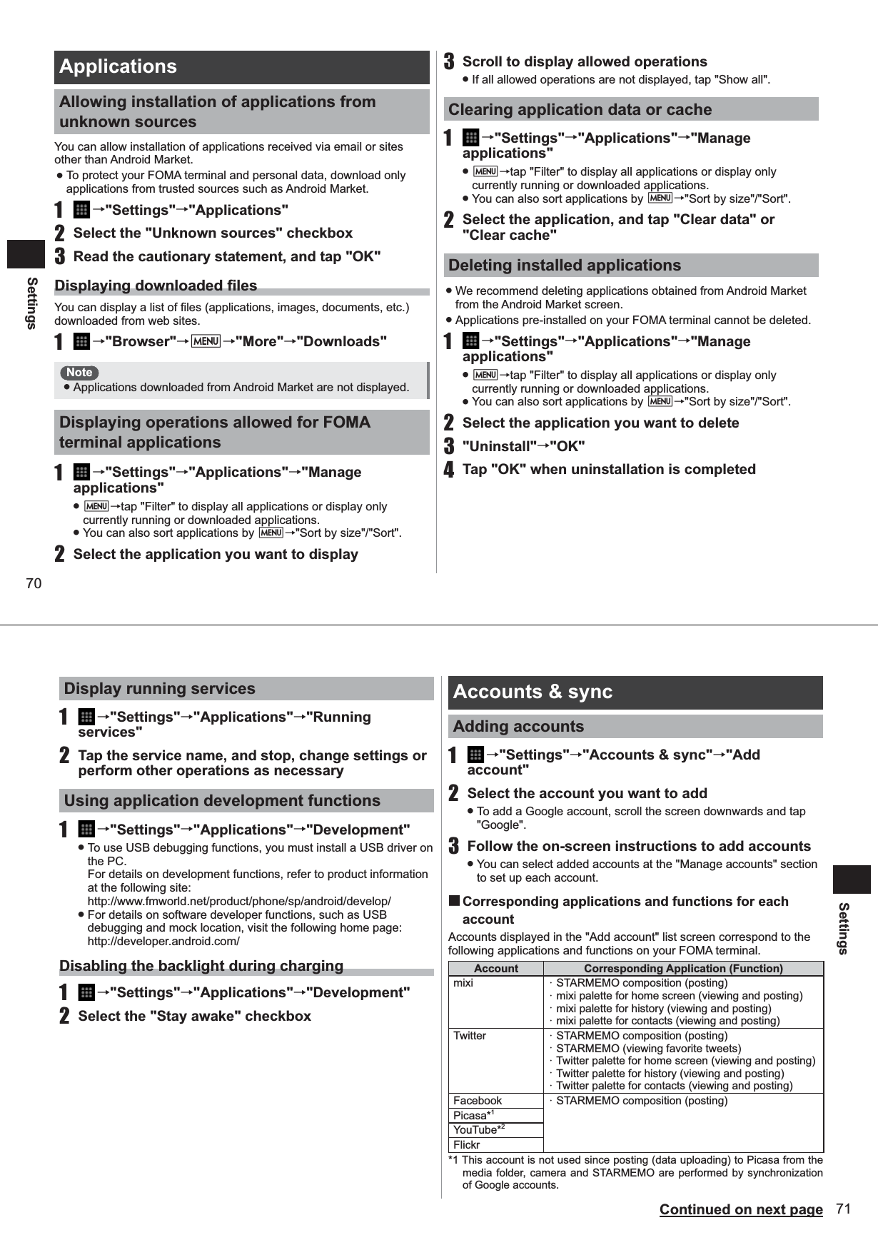 70SettingsApplications Allowing installation of applications from unknown sourcesYou can allow installation of applications received via email or sites other than Android Market.  ● To protect your FOMA terminal and personal data, download only applications from trusted sources such as Android Market.1   →&quot;Settings&quot;→&quot;Applications&quot;2  Select the &quot;Unknown sources&quot; checkbox3  Read the cautionary statement, and tap &quot;OK&quot;Displaying downloaded filesYou can display a list of files (applications, images, documents, etc.) downloaded from web sites.1   →&quot;Browser&quot;→M→&quot;More&quot;→&quot;Downloads&quot;Note ● Applications downloaded from Android Market are not displayed. Displaying operations allowed for FOMA terminal applications1   →&quot;Settings&quot;→&quot;Applications&quot;→&quot;Manage applications&quot; ● M→tap &quot;Filter&quot; to display all applications or display only currently running or downloaded applications.  ● You can also sort applications by M→&quot;Sort by size&quot;/&quot;Sort&quot;. 2  Select the application you want to display3  Scroll to display allowed operations ● If all allowed operations are not displayed, tap &quot;Show all&quot;.Clearing application data or cache1   →&quot;Settings&quot;→&quot;Applications&quot;→&quot;Manage applications&quot; ● M→tap &quot;Filter&quot; to display all applications or display only currently running or downloaded applications.  ● You can also sort applications by M→&quot;Sort by size&quot;/&quot;Sort&quot;. 2  Select the application, and tap &quot;Clear data&quot; or &quot;Clear cache&quot;Deleting installed applications ● We recommend deleting applications obtained from Android Market from the Android Market screen.  ● Applications pre-installed on your FOMA terminal cannot be deleted. 1   →&quot;Settings&quot;→&quot;Applications&quot;→&quot;Manage applications&quot; ● M→tap &quot;Filter&quot; to display all applications or display only currently running or downloaded applications.  ● You can also sort applications by M→&quot;Sort by size&quot;/&quot;Sort&quot;. 2  Select the application you want to delete3 &quot;Uninstall&quot;→&quot;OK&quot;4  Tap &quot;OK&quot; when uninstallation is completed71SettingsContinued on next pageDisplay running services1   →&quot;Settings&quot;→&quot;Applications&quot;→&quot;Running services&quot;2  Tap the service name, and stop, change settings or perform other operations as necessaryUsing application development functions1   →&quot;Settings&quot;→&quot;Applications&quot;→&quot;Development&quot; ● To use USB debugging functions, you must install a USB driver on the PC. For details on development functions, refer to product information at the following site:http://www.fmworld.net/product/phone/sp/android/develop/ ● For details on software developer functions, such as USB debugging and mock location, visit the following home page:http://developer.android.com/Disabling the backlight during charging1   →&quot;Settings&quot;→&quot;Applications&quot;→&quot;Development&quot;2  Select the &quot;Stay awake&quot; checkboxAccounts &amp; sync Adding accounts1   →&quot;Settings&quot;→&quot;Accounts &amp; sync&quot;→&quot;Add account&quot;2  Select the account you want to add ● To add a Google account, scroll the screen downwards and tap &quot;Google&quot;.3  Follow the on-screen instructions to add accounts ● You can select added accounts at the &quot;Manage accounts&quot; section to set up each account. ■Corresponding applications and functions for each accountAccounts displayed in the &quot;Add account&quot; list screen correspond to the following applications and functions on your FOMA terminal.Account Corresponding Application (Function)mixi ・ STARMEMO composition (posting)・ mixi palette for home screen (viewing and posting)・ mixi palette for history (viewing and posting)・ mixi palette for contacts (viewing and posting)Twitter ・ STARMEMO composition (posting)・ STARMEMO (viewing favorite tweets)・ Twitter palette for home screen (viewing and posting)・ Twitter palette for history (viewing and posting)・ Twitter palette for contacts (viewing and posting)Facebook ・ STARMEMO composition (posting)Picasa*1YouTube*2Flickr*1 This account is not used since posting (data uploading) to Picasa from the media folder, camera and STARMEMO are performed by synchronization of Google accounts.