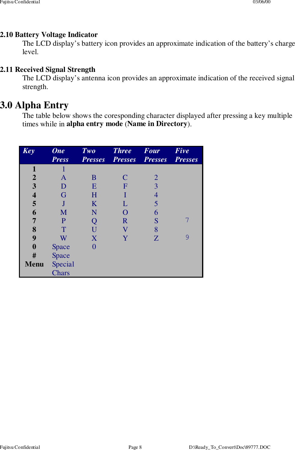 Fujitsu Confidential 03/06/00Fujitsu Confidential Page 8 D:\Ready_To_Convert\Doc\89777.DOC2.10 Battery Voltage IndicatorThe LCD display’s battery icon provides an approximate indication of the battery’s chargelevel.2.11 Received Signal StrengthThe LCD display’s antenna icon provides an approximate indication of the received signalstrength.3.0 Alpha EntryThe table below shows the coresponding character displayed after pressing a key multipletimes while in alpha entry mode (Name in Directory).Key OnePress TwoPresses ThreePresses FourPresses FivePresses112A B C 23D E F 34G H I 45J K L 56M N O 67P Q R S 78T U V 89W X Y Z 90Space 0#SpaceMenu SpecialChars