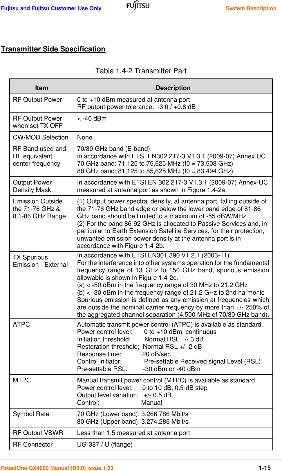 Fujitsu and Fujitsu Customer Use Only     System Description RroadOne GX4000 Manual (R3.0) issue 1.03  1-15   Transmitter Side Specification Table 1.4-2 Transmitter Part Item Description RF Output Power 0 to +10 dBm measured at antenna port                                                                RF output power tolerance:  -3.0 / +0.8 dB RF Output Power when set TX OFF &lt; -40 dBm CW/MOD Selection None RF Band used and RF equivalent center frequency 70/80 GHz band (E-band)                                                                                                       in accordance with ETSI EN302 217-3 V1.3.1 (2009-07) Annex UC                                                                 70 GHz band: 71,125 to 75,625 MHz (f0 = 73,503 GHz)                                                                        80 GHz band: 81,125 to 85,625 MHz (f0 = 83,494 GHz) Output Power Density Mask In accordance with ETSI EN 302 217-3 V1.3.1 (2009-07) Annex-UC                            measured at antenna port as shown in Figure 1.4-2a. Emission Outside the 71-76 GHz &amp; 8.1-86 GHz Range (1) Output power spectral density, at antenna port, falling outside of the 71-76 GHz band edge or below the lower band edge of 81-86 GHz band should be limited to a maximum of -55 dBW/MHz.                          (2) For the band 86-92 GHz is allocated to Passive Services and, in particular to Earth Extension Satellite Services, for their protection, unwanted emission power density at the antenna port is in accordance with Figure 1.4-2b. TX Spurious Emission - External In accordance with ETSI EN301 390 V1.2.1 (2003-11) For the interference into other systems operation for the fundamental frequency  range  of  13  GHz  to  150  GHz  band,  spurious  emission allowable is shown in Figure 1.4-2c. (a) &lt; -50 dBm in the frequency range of 30 MHz to 21.2 GHz (b) &lt; -30 dBm in the frequency range of 21.2 GHz to 2nd harmonic Spurious emission is defined as any emission at frequencies which are outside the nominal carrier frequency by more than +/- 250% of the aggregated channel separation (4,500 MHz of 70/80 GHz band).  ATPC  Automatic transmit power control (ATPC) is available as standard. Power control level:   0 to +10 dBm, continuous                             Initiation threshold:        Normal RSL +/- 3 dB                                Restoration threshold;  Normal RSL +/- 2 dB Response time:  20 dB/sec Control initiator:   Pre-settable Received signal Level (RSL)                  Pre-settable RSL:         -30 dBm or -40 dBm MTPC Manual transmit power control (MTPC) is available as standard.      Power control level:  0 to 10 dB, 0.5-dB step                                    Output level variation:   +/- 0.5 dB                                                             Control:                        Manual Symbol Rate 70 GHz (Lower band): 3,266.786 Mbit/s                                                                           80 GHz (Upper band): 3.274.286 Mbit/s RF Output VSWR Less than 1.5 measured at antenna port RF Connector UG-387 / U (flange) 