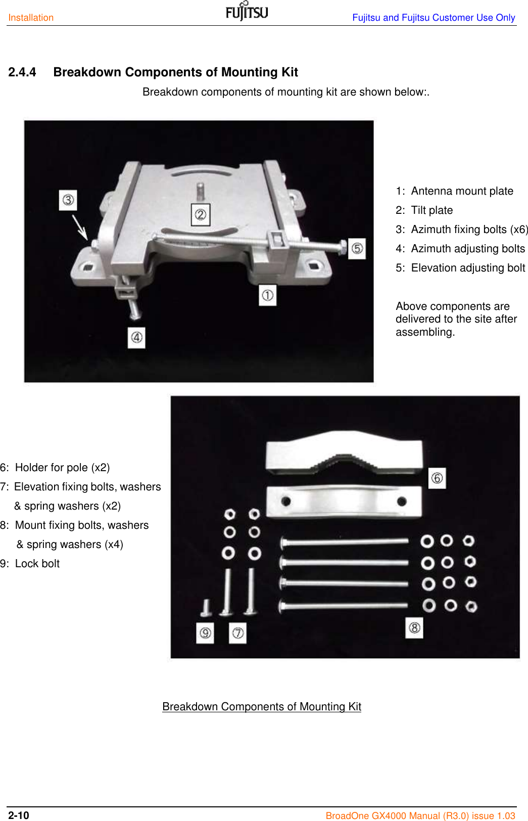 Installation    Fujitsu and Fujitsu Customer Use Only 2-10 BroadOne GX4000 Manual (R3.0) issue 1.03  2.4.4  Breakdown Components of Mounting Kit Breakdown components of mounting kit are shown below:.                                Breakdown Components of Mounting Kit     1:  Antenna mount plate 2:  Tilt plate 3:  Azimuth fixing bolts (x6) 4:  Azimuth adjusting bolts 5:  Elevation adjusting bolt  Above components are delivered to the site after assembling. 6:  Holder for pole (x2) 7:  Elevation fixing bolts, washers  &amp; spring washers (x2) 8:  Mount fixing bolts, washers  &amp; spring washers (x4) 9:  Lock bolt 