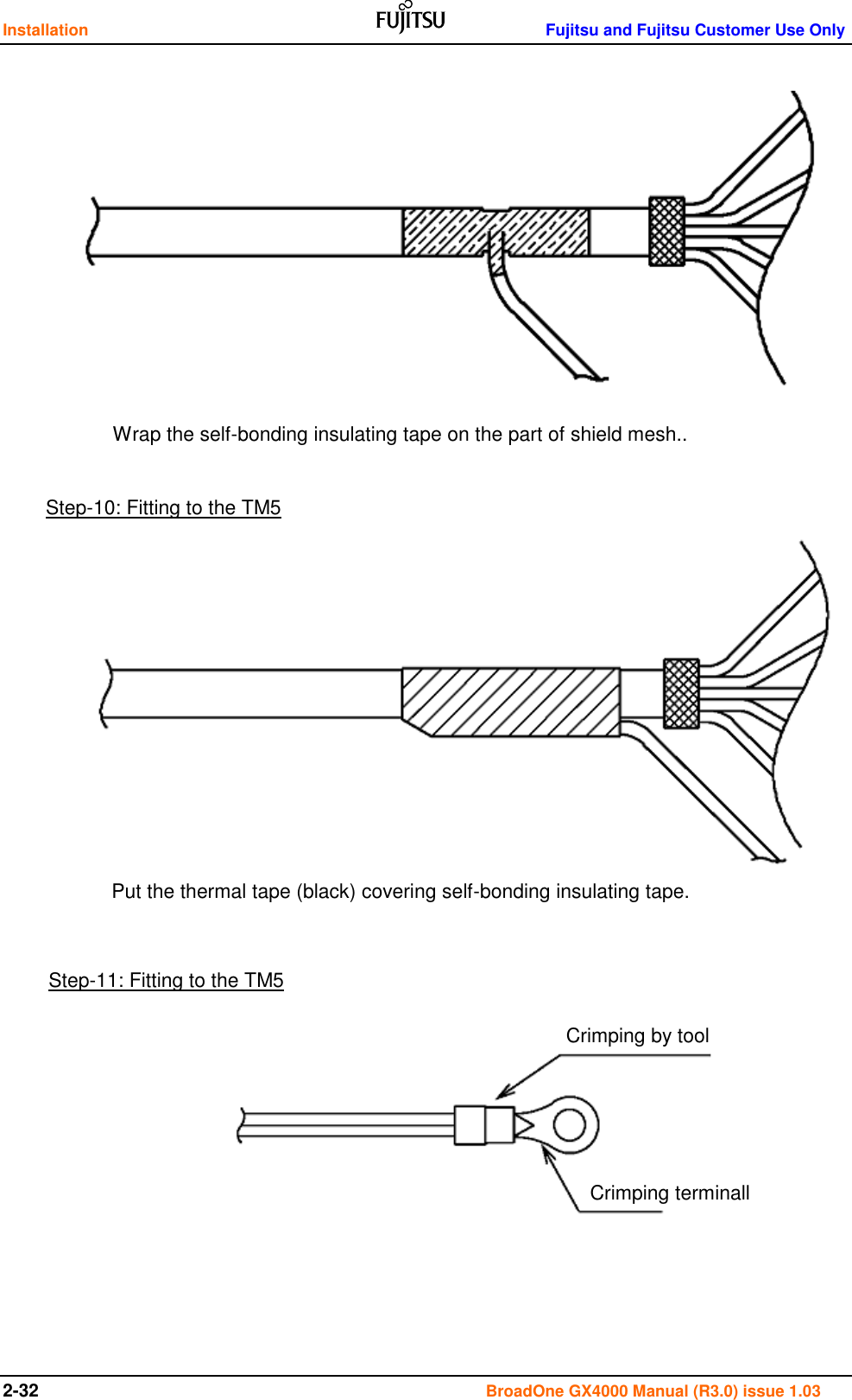 Installation    Fujitsu and Fujitsu Customer Use Only 2-32                                                                                      BroadOne GX4000 Manual (R3.0) issue 1.03                                         Step-10: Fitting to the TM5 Step-11: Fitting to the TM5 Wrap the self-bonding insulating tape on the part of shield mesh.. Put the thermal tape (black) covering self-bonding insulating tape. Crimping by tool Crimping terminall 