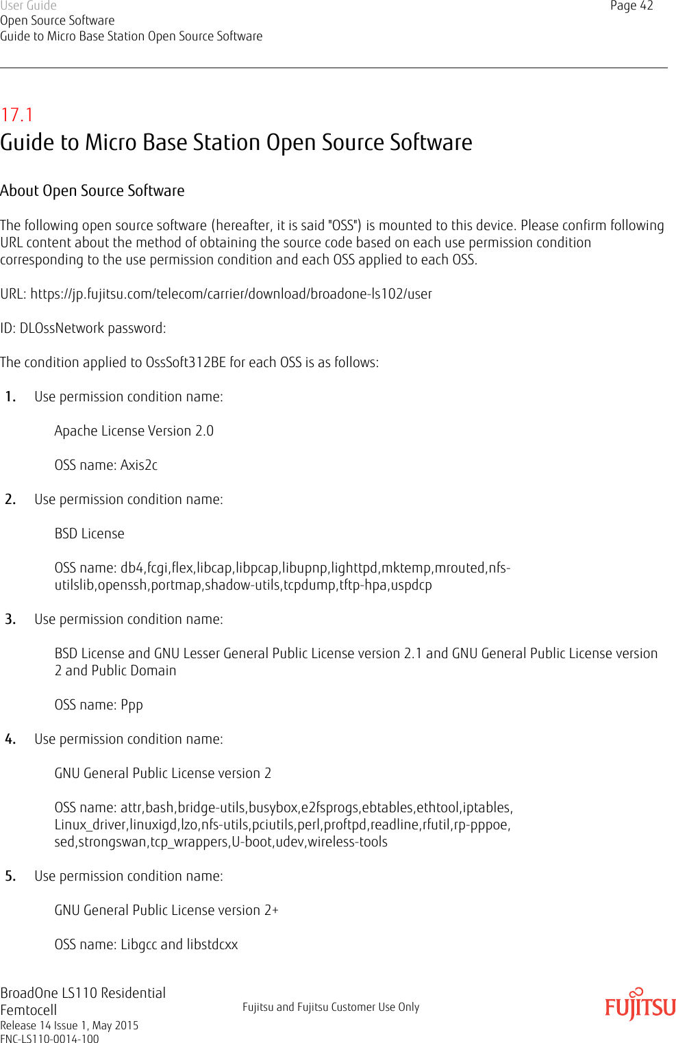 17.1Guide to Micro Base Station Open Source SoftwareAbout Open Source SoftwareThe following open source software (hereafter, it is said &quot;OSS&quot;) is mounted to this device. Please confirm followingURL content about the method of obtaining the source code based on each use permission conditioncorresponding to the use permission condition and each OSS applied to each OSS.URL: https://jp.fujitsu.com/telecom/carrier/download/broadone-ls102/userID: DLOssNetwork password:The condition applied to OssSoft312BE for each OSS is as follows:1. Use permission condition name:Apache License Version 2.0OSS name: Axis2c2. Use permission condition name:BSD LicenseOSS name: db4,fcgi,flex,libcap,libpcap,libupnp,lighttpd,mktemp,mrouted,nfs-utilslib,openssh,portmap,shadow-utils,tcpdump,tftp-hpa,uspdcp3. Use permission condition name:BSD License and GNU Lesser General Public License version 2.1 and GNU General Public License version2 and Public DomainOSS name: Ppp4. Use permission condition name:GNU General Public License version 2OSS name: attr,bash,bridge-utils,busybox,e2fsprogs,ebtables,ethtool,iptables,Linux_driver,linuxigd,lzo,nfs-utils,pciutils,perl,proftpd,readline,rfutil,rp-pppoe,sed,strongswan,tcp_wrappers,U-boot,udev,wireless-tools5. Use permission condition name:GNU General Public License version 2+OSS name: Libgcc and libstdcxxUser GuideOpen Source SoftwareGuide to Micro Base Station Open Source SoftwarePage 42BroadOne LS110 ResidentialFemtocellRelease 14 Issue 1, May 2015FNC-LS110-0014-100Fujitsu and Fujitsu Customer Use Only