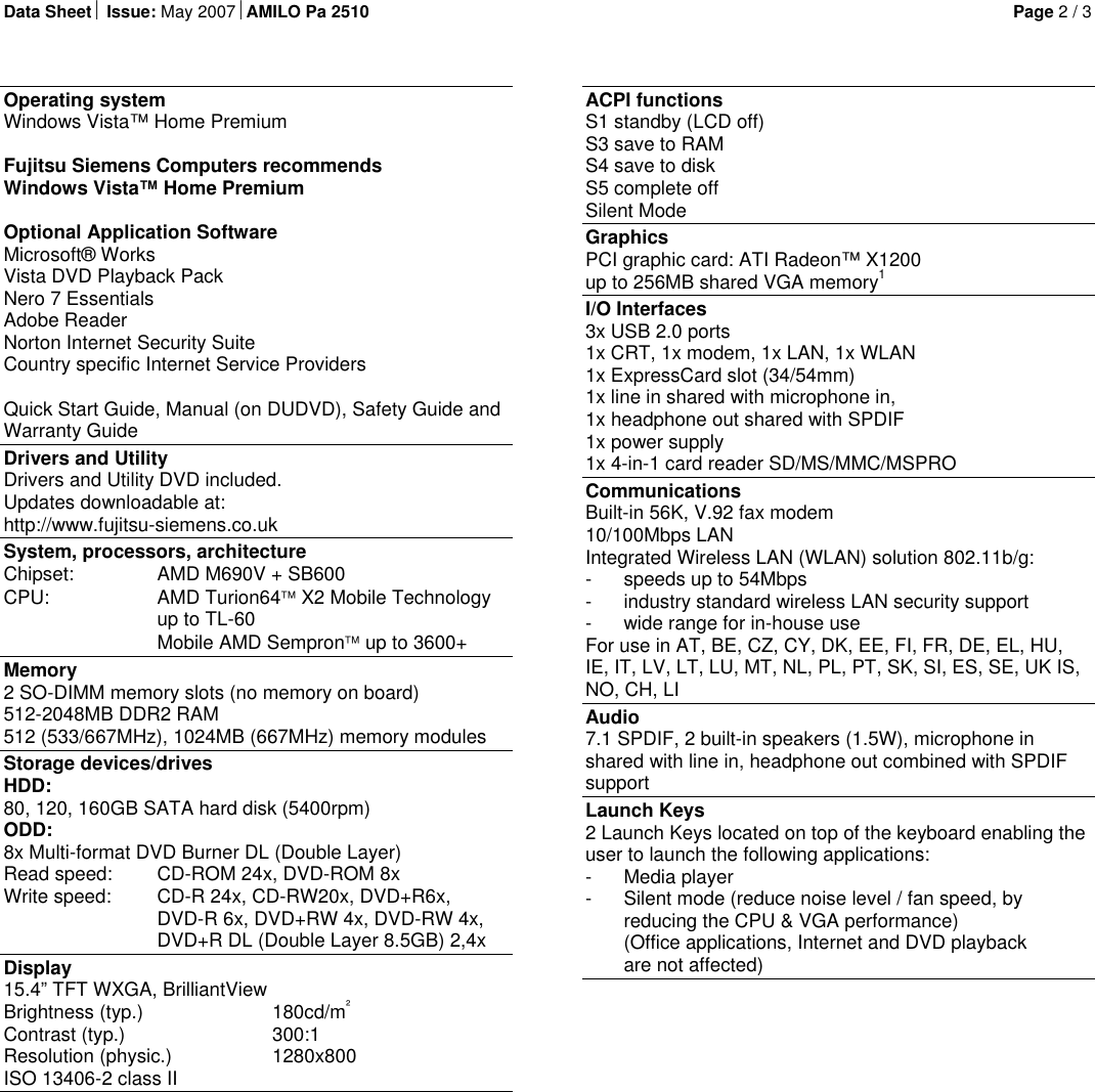 Page 2 of 3 - Fujitsu-Siemens-Computers Fujitsu-Siemens-Computers-Amilo-Pa-2510-Users-Manual Ds_AMILO_Pa_2510_Vista_UK