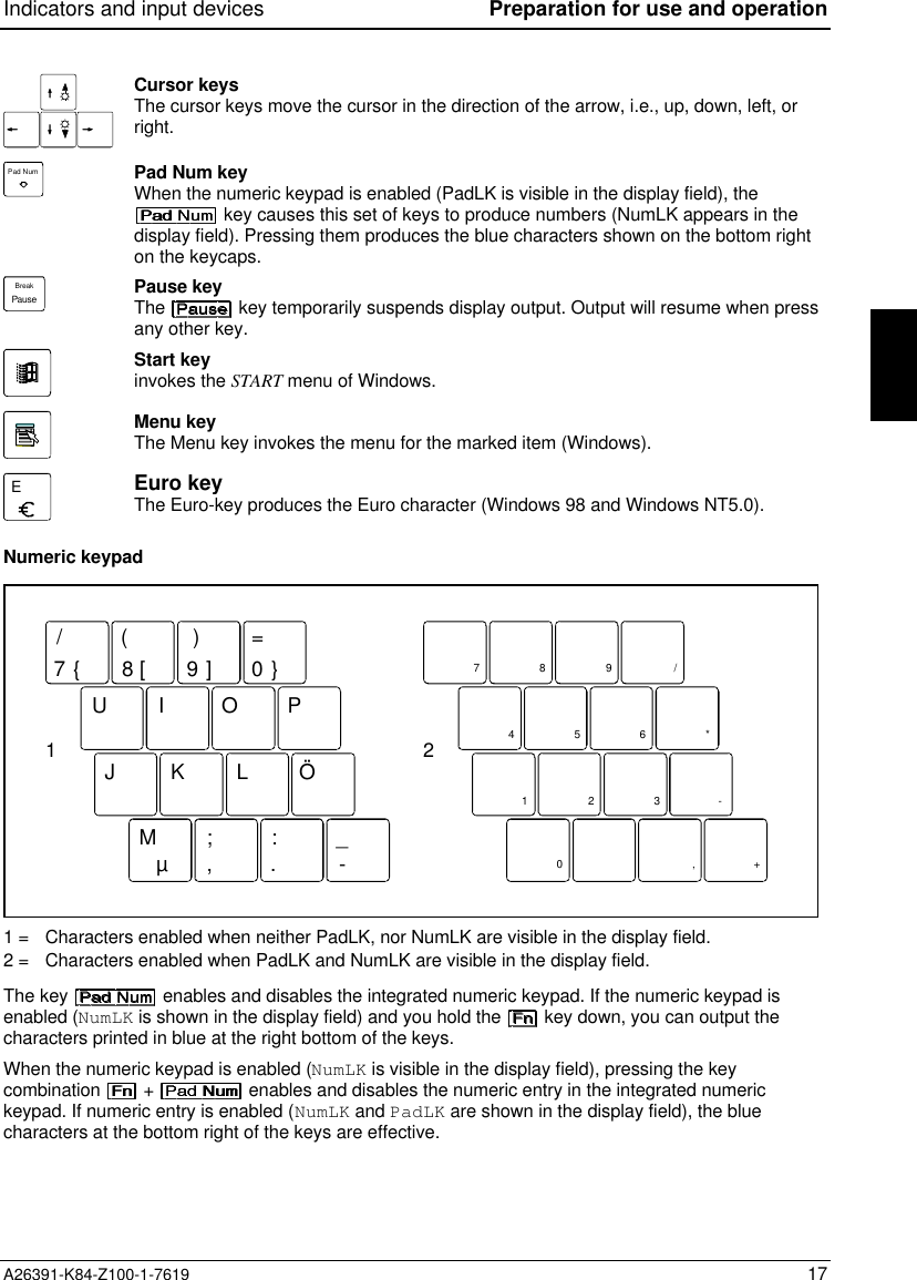 Indicators and input devices Preparation for use and operationA26391-K84-Z100-1-7619 17Cursor keysThe cursor keys move the cursor in the direction of the arrow, i.e., up, down, left, orright.Pad Num Pad Num keyWhen the numeric keypad is enabled (PadLK is visible in the display field), the key causes this set of keys to produce numbers (NumLK appears in thedisplay field). Pressing them produces the blue characters shown on the bottom righton the keycaps.PauseBreak Pause keyThe   key temporarily suspends display output. Output will resume when pressany other key.Start keyinvokes the START menu of Windows.Menu keyThe Menu key invokes the menu for the marked item (Windows).EEuro keyThe Euro-key produces the Euro character (Windows 98 and Windows NT5.0).Numeric keypad7 890UI OPJMK;L:_Ö/{([)]=}µ, . -789 /456*123-0+,121 =   Characters enabled when neither PadLK, nor NumLK are visible in the display field.2 =   Characters enabled when PadLK and NumLK are visible in the display field.The key   enables and disables the integrated numeric keypad. If the numeric keypad isenabled (NumLK is shown in the display field) and you hold the   key down, you can output thecharacters printed in blue at the right bottom of the keys.When the numeric keypad is enabled (NumLK is visible in the display field), pressing the keycombination   +   enables and disables the numeric entry in the integrated numerickeypad. If numeric entry is enabled (NumLK and PadLK are shown in the display field), the bluecharacters at the bottom right of the keys are effective.