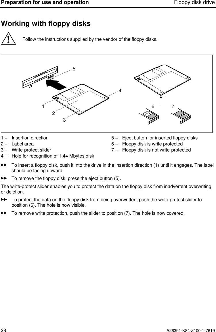 Preparation for use and operation Floppy disk drive28 A26391-K84-Z100-1-7619Working with floppy disks!Follow the instructions supplied by the vendor of the floppy disks.32156471 =   Insertion direction2 =   Label area3 =   Write-protect slider4 =   Hole for recognition of 1.44 Mbytes disk5 =   Eject button for inserted floppy disks6 =   Floppy disk is write protected7 =   Floppy disk is not write-protectedTo insert a floppy disk, push it into the drive in the insertion direction (1) until it engages. The labelshould be facing upward.To remove the floppy disk, press the eject button (5).The write-protect slider enables you to protect the data on the floppy disk from inadvertent overwritingor deletion.To protect the data on the floppy disk from being overwritten, push the write-protect slider toposition (6). The hole is now visible.To remove write protection, push the slider to position (7). The hole is now covered.