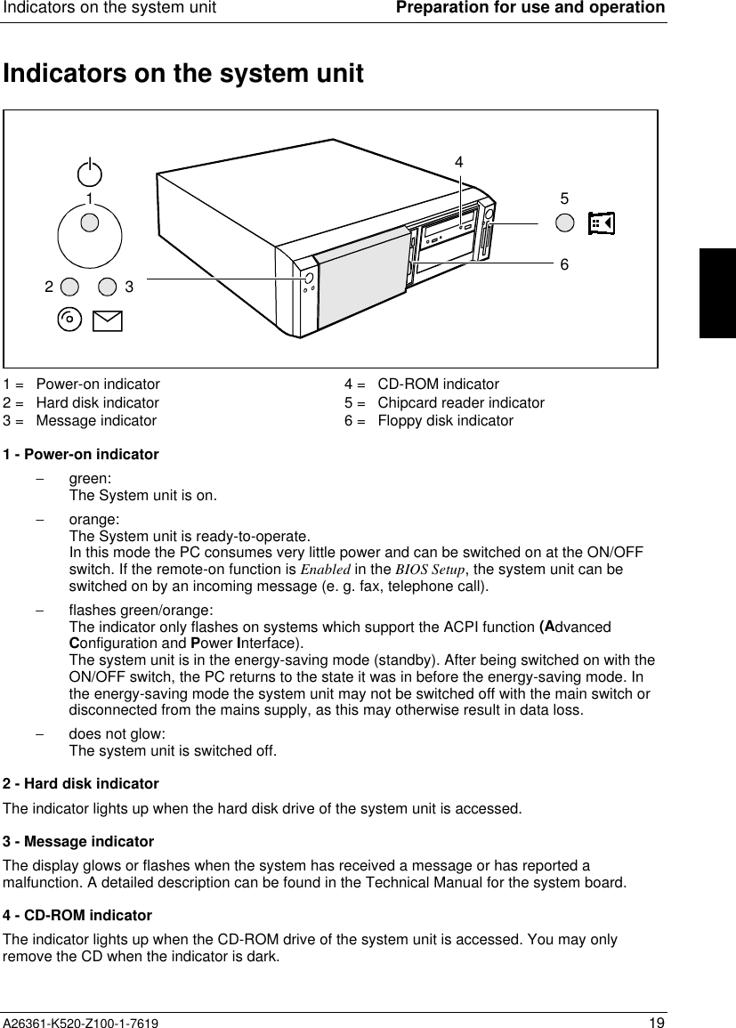 Indicators on the system unit Preparation for use and operationA26361-K520-Z100-1-7619 19Indicators on the system unit2314561 =   Power-on indicator2 =   Hard disk indicator3 =   Message indicator4 =   CD-ROM indicator5 =   Chipcard reader indicator6 =   Floppy disk indicator1 - Power-on indicator−  green:The System unit is on.−  orange:The System unit is ready-to-operate.In this mode the PC consumes very little power and can be switched on at the ON/OFFswitch. If the remote-on function is Enabled in the BIOS Setup, the system unit can beswitched on by an incoming message (e. g. fax, telephone call).−  flashes green/orange:The indicator only flashes on systems which support the ACPI function (AdvancedConfiguration and Power Interface).The system unit is in the energy-saving mode (standby). After being switched on with theON/OFF switch, the PC returns to the state it was in before the energy-saving mode. Inthe energy-saving mode the system unit may not be switched off with the main switch ordisconnected from the mains supply, as this may otherwise result in data loss.−  does not glow:The system unit is switched off.2 - Hard disk indicatorThe indicator lights up when the hard disk drive of the system unit is accessed.3 - Message indicatorThe display glows or flashes when the system has received a message or has reported amalfunction. A detailed description can be found in the Technical Manual for the system board.4 - CD-ROM indicatorThe indicator lights up when the CD-ROM drive of the system unit is accessed. You may onlyremove the CD when the indicator is dark.