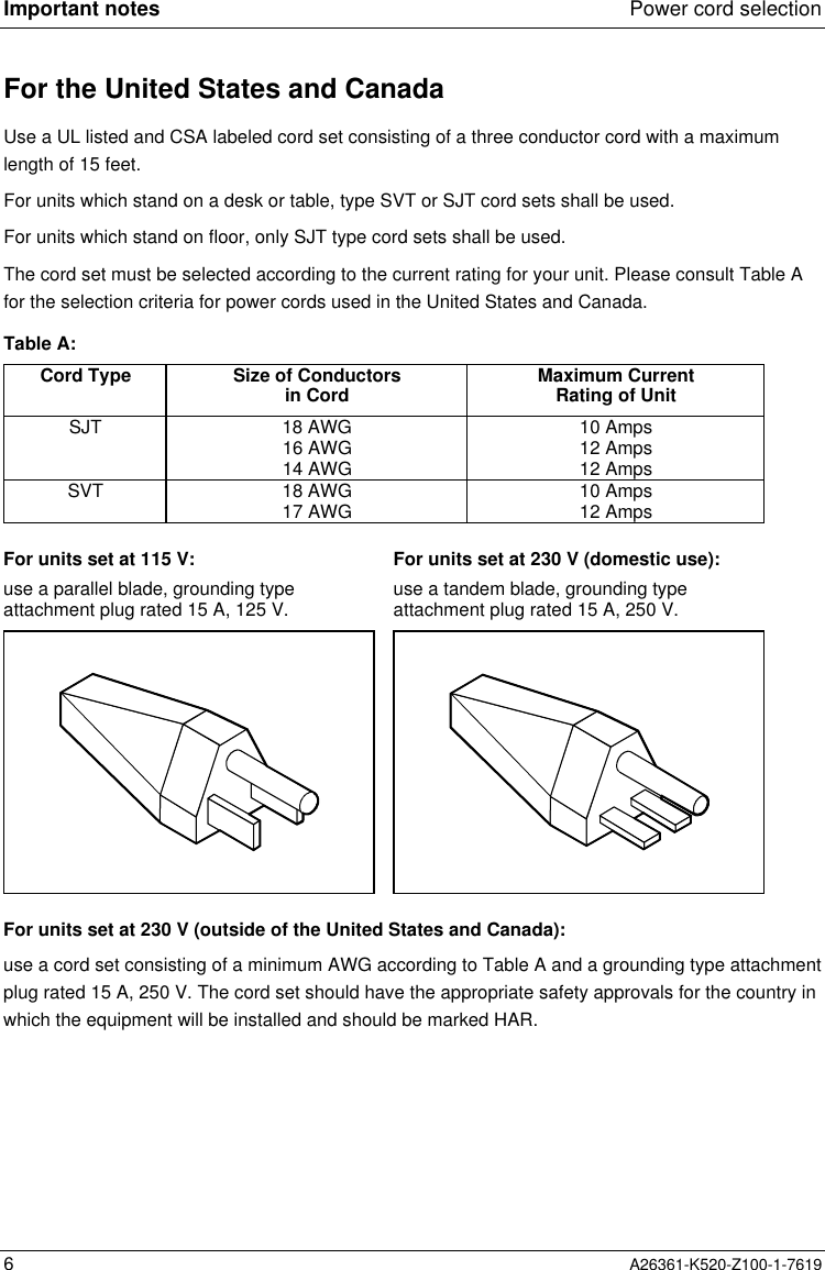 Important notes Power cord selection6A26361-K520-Z100-1-7619For the United States and CanadaUse a UL listed and CSA labeled cord set consisting of a three conductor cord with a maximumlength of 15 feet.For units which stand on a desk or table, type SVT or SJT cord sets shall be used.For units which stand on floor, only SJT type cord sets shall be used.The cord set must be selected according to the current rating for your unit. Please consult Table Afor the selection criteria for power cords used in the United States and Canada.Table A:Cord Type Size of Conductorsin Cord Maximum CurrentRating of UnitSJT 18 AWG16 AWG14 AWG10 Amps12 Amps12 AmpsSVT 18 AWG17 AWG 10 Amps12 AmpsFor units set at 115 V:use a parallel blade, grounding typeattachment plug rated 15 A, 125 V.For units set at 230 V (domestic use):use a tandem blade, grounding typeattachment plug rated 15 A, 250 V.For units set at 230 V (outside of the United States and Canada):use a cord set consisting of a minimum AWG according to Table A and a grounding type attachmentplug rated 15 A, 250 V. The cord set should have the appropriate safety approvals for the country inwhich the equipment will be installed and should be marked HAR.