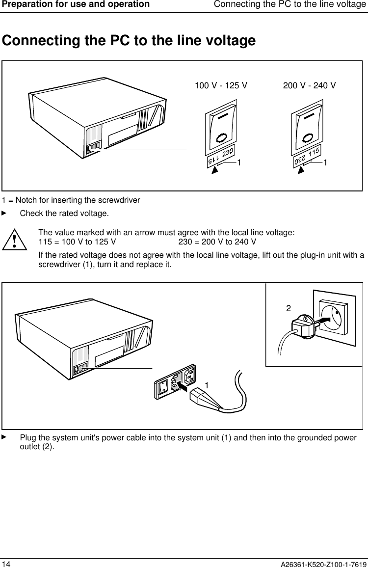 Preparation for use and operation Connecting the PC to the line voltage14 A26361-K520-Z100-1-7619Connecting the PC to the line voltage100 V - 125 V 200 V - 240 V1 11 = Notch for inserting the screwdriverCheck the rated voltage.!The value marked with an arrow must agree with the local line voltage:115 = 100 V to 125 V                           230 = 200 V to 240 VIf the rated voltage does not agree with the local line voltage, lift out the plug-in unit with ascrewdriver (1), turn it and replace it.21Plug the system unit&apos;s power cable into the system unit (1) and then into the grounded poweroutlet (2).