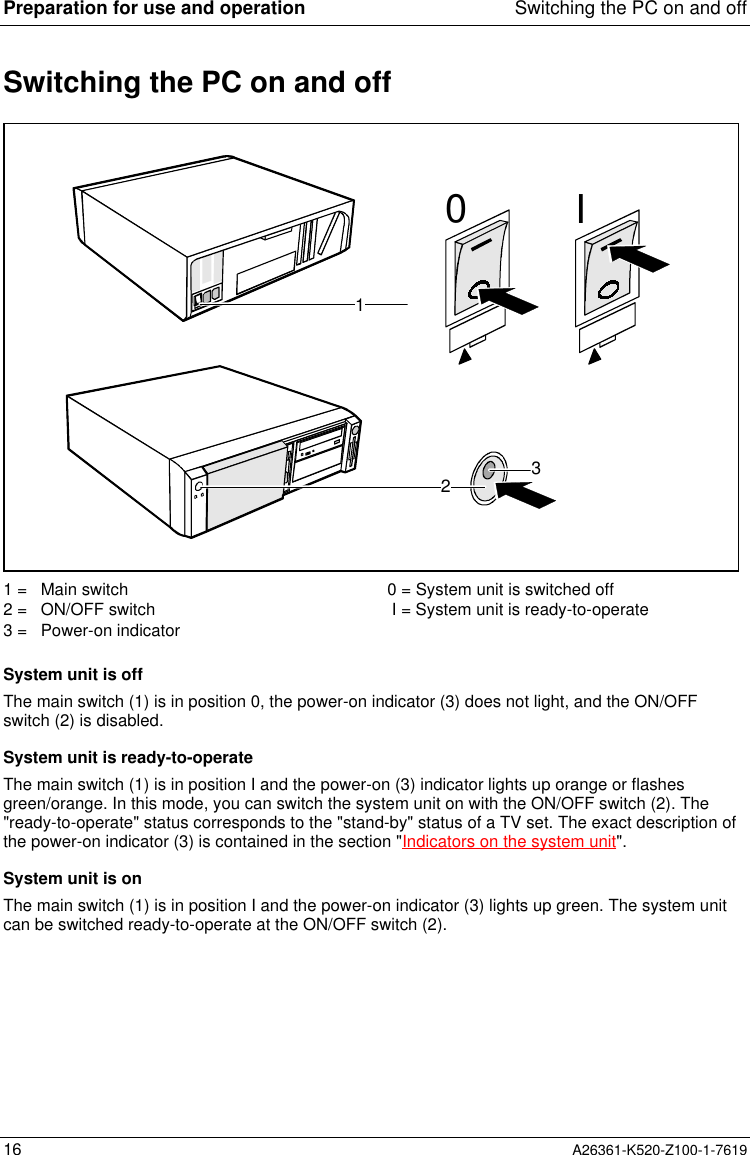 Preparation for use and operation Switching the PC on and off16 A26361-K520-Z100-1-7619Switching the PC on and off1230I1 =   Main switch2 =   ON/OFF switch3 =   Power-on indicator0 = System unit is switched off I = System unit is ready-to-operateSystem unit is offThe main switch (1) is in position 0, the power-on indicator (3) does not light, and the ON/OFFswitch (2) is disabled.System unit is ready-to-operateThe main switch (1) is in position I and the power-on (3) indicator lights up orange or flashesgreen/orange. In this mode, you can switch the system unit on with the ON/OFF switch (2). The&quot;ready-to-operate&quot; status corresponds to the &quot;stand-by&quot; status of a TV set. The exact description ofthe power-on indicator (3) is contained in the section &quot;Indicators on the system unit&quot;.System unit is onThe main switch (1) is in position I and the power-on indicator (3) lights up green. The system unitcan be switched ready-to-operate at the ON/OFF switch (2).