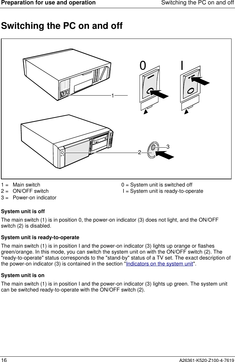 Preparation for use and operation Switching the PC on and off16 A26361-K520-Z100-4-7619Switching the PC on and off1230I1 =   Main switch2 =   ON/OFF switch3 =   Power-on indicator0 = System unit is switched off I = System unit is ready-to-operateSystem unit is offThe main switch (1) is in position 0, the power-on indicator (3) does not light, and the ON/OFFswitch (2) is disabled.System unit is ready-to-operateThe main switch (1) is in position I and the power-on indicator (3) lights up orange or flashesgreen/orange. In this mode, you can switch the system unit on with the ON/OFF switch (2). The&quot;ready-to-operate&quot; status corresponds to the &quot;stand-by&quot; status of a TV set. The exact description ofthe power-on indicator (3) is contained in the section &quot;Indicators on the system unit&quot;.System unit is onThe main switch (1) is in position I and the power-on indicator (3) lights up green. The system unitcan be switched ready-to-operate with the ON/OFF switch (2).