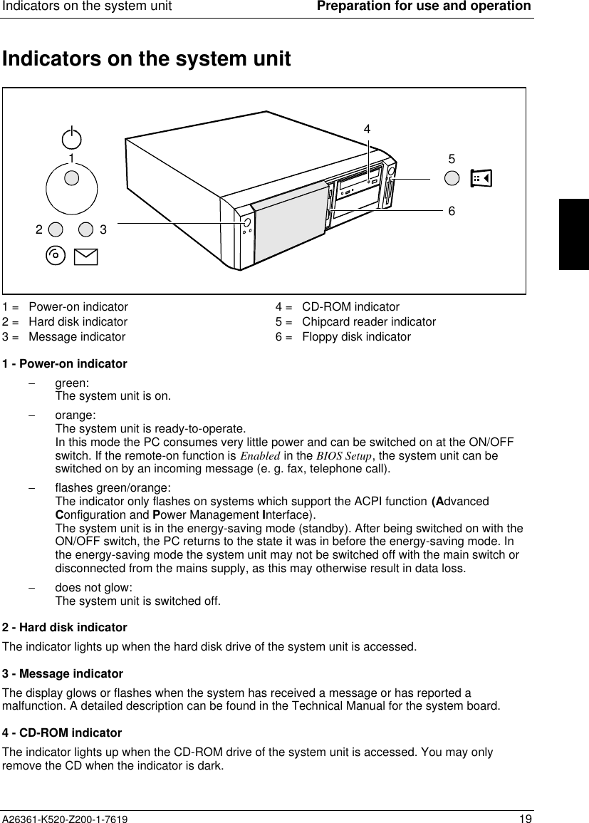 Indicators on the system unit Preparation for use and operationA26361-K520-Z200-1-7619 19Indicators on the system unit2314561 = Power-on indicator2 = Hard disk indicator3 = Message indicator4 = CD-ROM indicator5 = Chipcard reader indicator6 = Floppy disk indicator1 - Power-on indicator−  green:The system unit is on.−  orange:The system unit is ready-to-operate.In this mode the PC consumes very little power and can be switched on at the ON/OFFswitch. If the remote-on function is Enabled in the BIOS Setup, the system unit can beswitched on by an incoming message (e. g. fax, telephone call).−  flashes green/orange:The indicator only flashes on systems which support the ACPI function (AdvancedConfiguration and Power Management Interface).The system unit is in the energy-saving mode (standby). After being switched on with theON/OFF switch, the PC returns to the state it was in before the energy-saving mode. Inthe energy-saving mode the system unit may not be switched off with the main switch ordisconnected from the mains supply, as this may otherwise result in data loss.−  does not glow:The system unit is switched off.2 - Hard disk indicatorThe indicator lights up when the hard disk drive of the system unit is accessed.3 - Message indicatorThe display glows or flashes when the system has received a message or has reported amalfunction. A detailed description can be found in the Technical Manual for the system board.4 - CD-ROM indicatorThe indicator lights up when the CD-ROM drive of the system unit is accessed. You may onlyremove the CD when the indicator is dark.