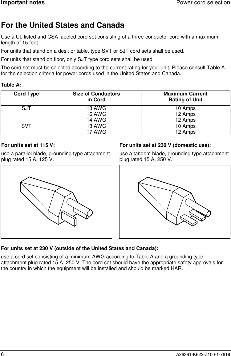 Important notes Power cord selection6A26361-K622-Z100-1-7619For the United States and CanadaUse a UL listed and CSA labeled cord set consisting of a three-conductor cord with a maximumlength of 15 feet.For units that stand on a desk or table, type SVT or SJT cord sets shall be used.For units that stand on floor, only SJT type cord sets shall be used.The cord set must be selected according to the current rating for your unit. Please consult Table Afor the selection criteria for power cords used in the United States and Canada.Table A:Cord Type Size of Conductorsin Cord Maximum CurrentRating of UnitSJT 18 AWG16 AWG14 AWG10 Amps12 Amps12 AmpsSVT 18 AWG17 AWG 10 Amps12 AmpsFor units set at 115 V:use a parallel blade, grounding type attachmentplug rated 15 A, 125 V.For units set at 230 V (domestic use):use a tandem blade, grounding type attachmentplug rated 15 A, 250 V.For units set at 230 V (outside of the United States and Canada):use a cord set consisting of a minimum AWG according to Table A and a grounding typeattachment plug rated 15 A, 250 V. The cord set should have the appropriate safety approvals forthe country in which the equipment will be installed and should be marked HAR.