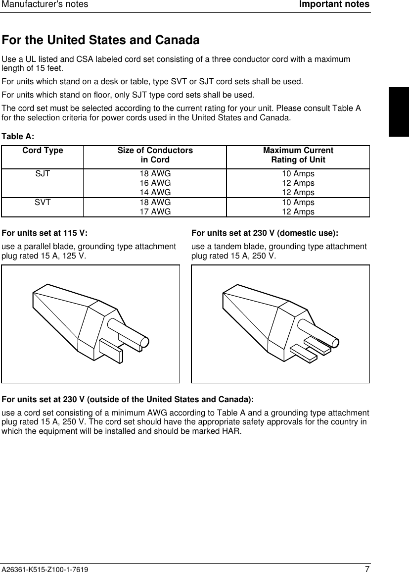 Manufacturer&apos;s notes Important notesA26361-K515-Z100-1-7619 7For the United States and CanadaUse a UL listed and CSA labeled cord set consisting of a three conductor cord with a maximumlength of 15 feet.For units which stand on a desk or table, type SVT or SJT cord sets shall be used.For units which stand on floor, only SJT type cord sets shall be used.The cord set must be selected according to the current rating for your unit. Please consult Table Afor the selection criteria for power cords used in the United States and Canada.Table A:Cord Type Size of Conductorsin Cord Maximum CurrentRating of UnitSJT 18 AWG16 AWG14 AWG10 Amps12 Amps12 AmpsSVT 18 AWG17 AWG 10 Amps12 AmpsFor units set at 115 V:use a parallel blade, grounding type attachmentplug rated 15 A, 125 V.For units set at 230 V (domestic use):use a tandem blade, grounding type attachmentplug rated 15 A, 250 V.For units set at 230 V (outside of the United States and Canada):use a cord set consisting of a minimum AWG according to Table A and a grounding type attachmentplug rated 15 A, 250 V. The cord set should have the appropriate safety approvals for the country inwhich the equipment will be installed and should be marked HAR.