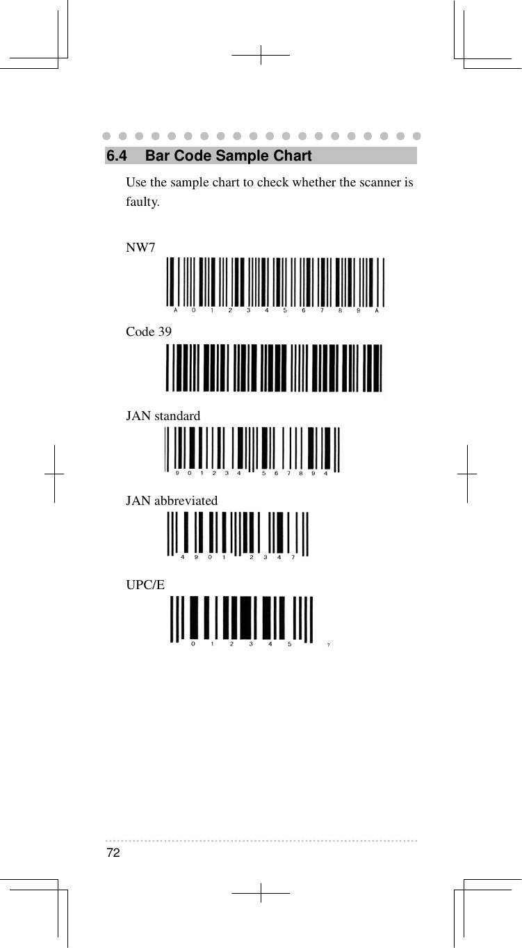   72  6.4  Bar Code Sample Chart Use the sample chart to check whether the scanner is faulty.  NW7  Code 39  JAN standard  JAN abbreviated  UPC/E    