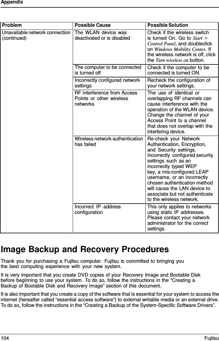 Appendix Image Backup and Recovery Procedures Thank you for purchasing a Fujitsu computer. Fujitsu is committed to bringing you the best computing experience with your new system. Problem Possible Cause Possible Solution Unavailable network connection (continued) The WLAN device was deactivated or is disabled Check if the wireless switch    is turned On. Go to Start &gt; Control Panel, and doubleclick on Windows Mobility Center. If the wireless network is off, click the Turn wireless on button. The computer to be connected is turned off Check if the computer to be connected is turned ON. Incorrectly configured network settings Recheck the configuration of your network settings. RF interference from Access Points or other wireless networks The use of identical or overlapping RF channels can cause interference with the operation of the WLAN device. Change the channel of your Access Point to a channel that does not overlap with the interfering device. Wireless network authentication has failed Re-check your Network Authentication, Encryption, and Security settings. Incorrectly configured security settings such as an  incorrectly typed WEP       key, a mis-configured LEAP username, or an incorrectly chosen authentication method will cause the LAN device to associate but not authenticate to the wireless network. Incorrect IP address configuration This only applies to networks using static IP addresses. Please contact your network administrator for the correct settings. It is very important that you create DVD copies of your Recovery Image and Bootable Disk before beginning to use your system. To do so, follow the instructions in the “Creating a Backup of Bootable Disk and Recovery Image” section of this document. It is also important that you create a copy of the software that is essential for your system to access the internet (hereafter called “essential access software”) to external writable media or an external drive. To do so, follow the instructions in the “Creating a Backup of the System-Specific Software Drivers”. 104 Fujitsu 