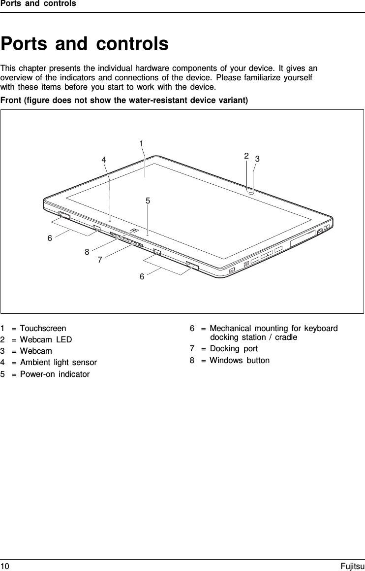 Ports and controls Ports and controls This chapter presents the individual hardware components of your device. It gives an overview of the indicators and connections of the device. Please familiarize yourself with these items before you start to work with the device. Front (figure does not show the water-resistant device variant) 1 4  2  3 5 6 8 7 6 1   =  Touchscreen 2   =  Webcam LED 3   =  Webcam 4   =  Ambient light sensor 5   =  Power-on indicator 6   =  Mechanical mounting for keyboard docking station / cradle 7   =  Docking port 8   =  Windows button 10 Fujitsu 