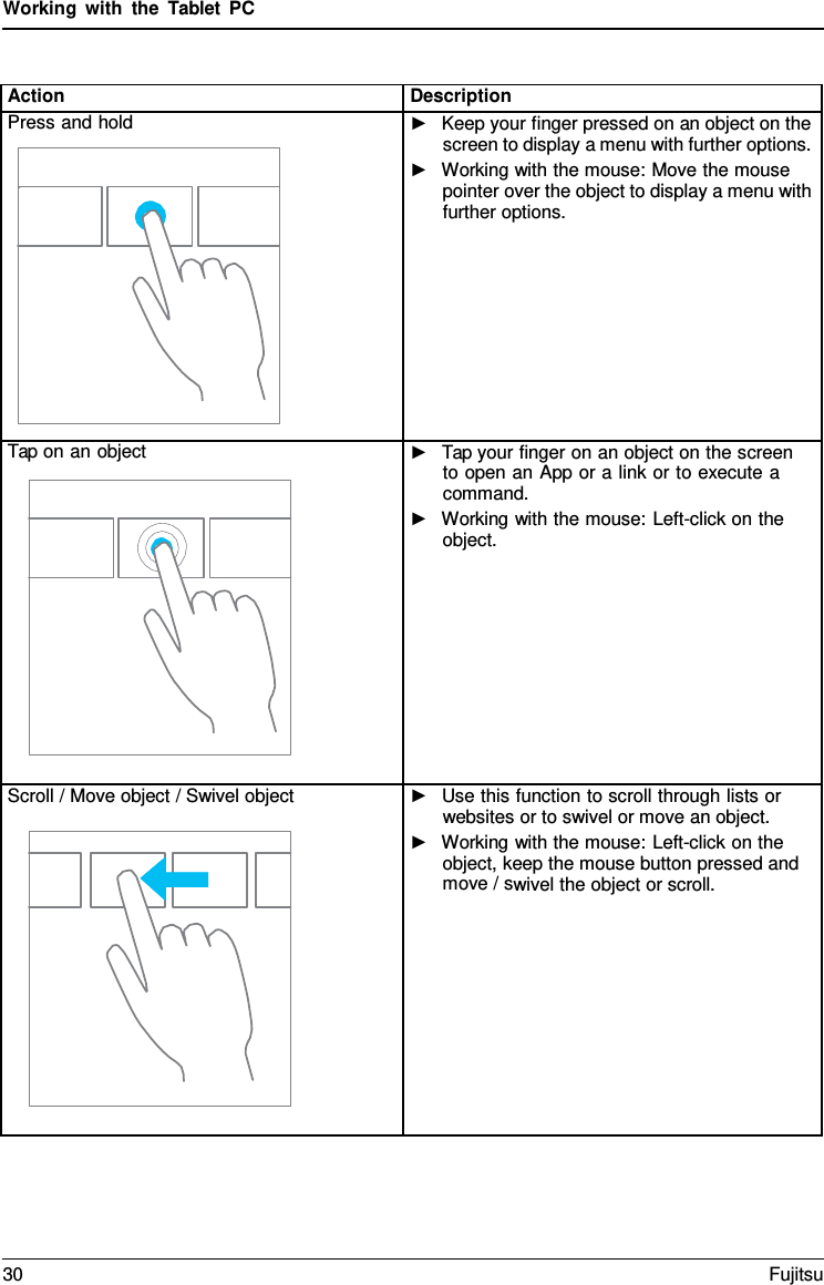 Working with the  Tablet  PC Action Description Press and hold ►Keep your finger pressed on an object on thescreen to display a menu with further options.►Working with the mouse: Move the mousepointer over the object to display a menu withfurther options.Tap on an object ►Tap your finger on an object on the screento open an App or a link or to execute acommand.►Working with the mouse: Left-click on theobject.Scroll / Move object / Swivel object ►Use this function to scroll through lists orwebsites or to swivel or move an object.►Working with the mouse: Left-click on theobject, keep the mouse button pressed andmove / swivel the object or scroll.30 Fujitsu 