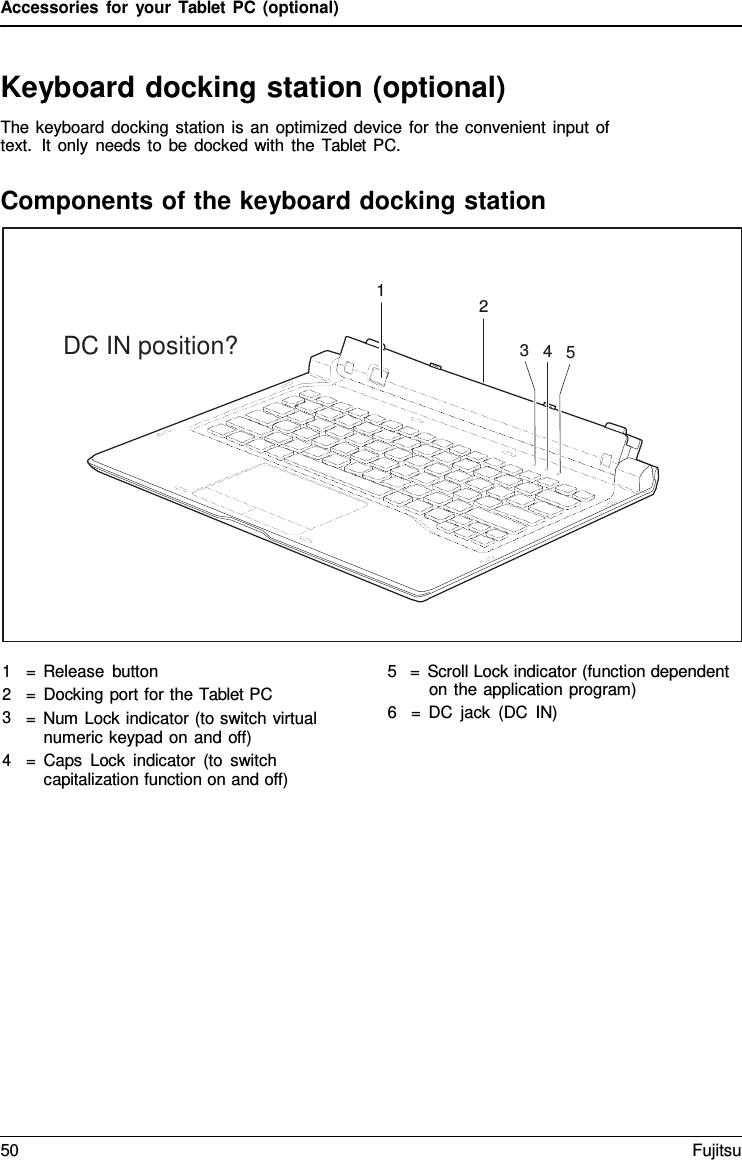 Accessories for your Tablet PC (optional) Keyboard docking station (optional) The keyboard docking station is an optimized device for the convenient input of text.  It only needs to be docked with the Tablet PC. Components of the keyboard docking station 1 2 DC IN position? 3  4  5 1 2 3 =  Release button = Docking port for the Tablet PC = Num Lock indicator (to switch virtual numeric keypad on and off) = Caps Lock indicator (to switch capitalization function on and off) 5   = Scroll Lock indicator (function dependent on the application program) 6   = DC jack (DC IN) 4 50 Fujitsu 