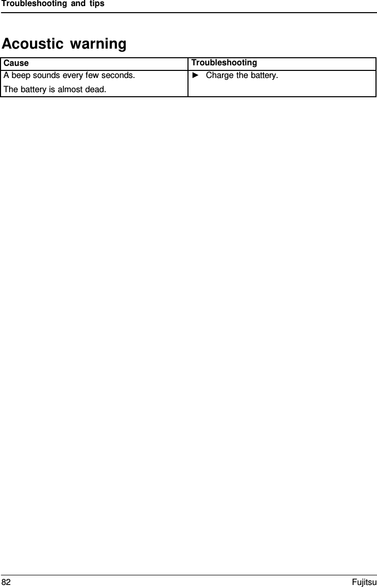 Troubleshooting and tips Acoustic warning Cause Troubleshooting A beep sounds every few seconds. The battery is almost dead. ►Charge the battery.82 Fujitsu 